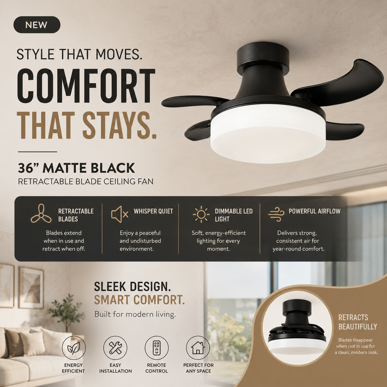 36 Inch Matte Black Retractable Blade Ceiling Fan