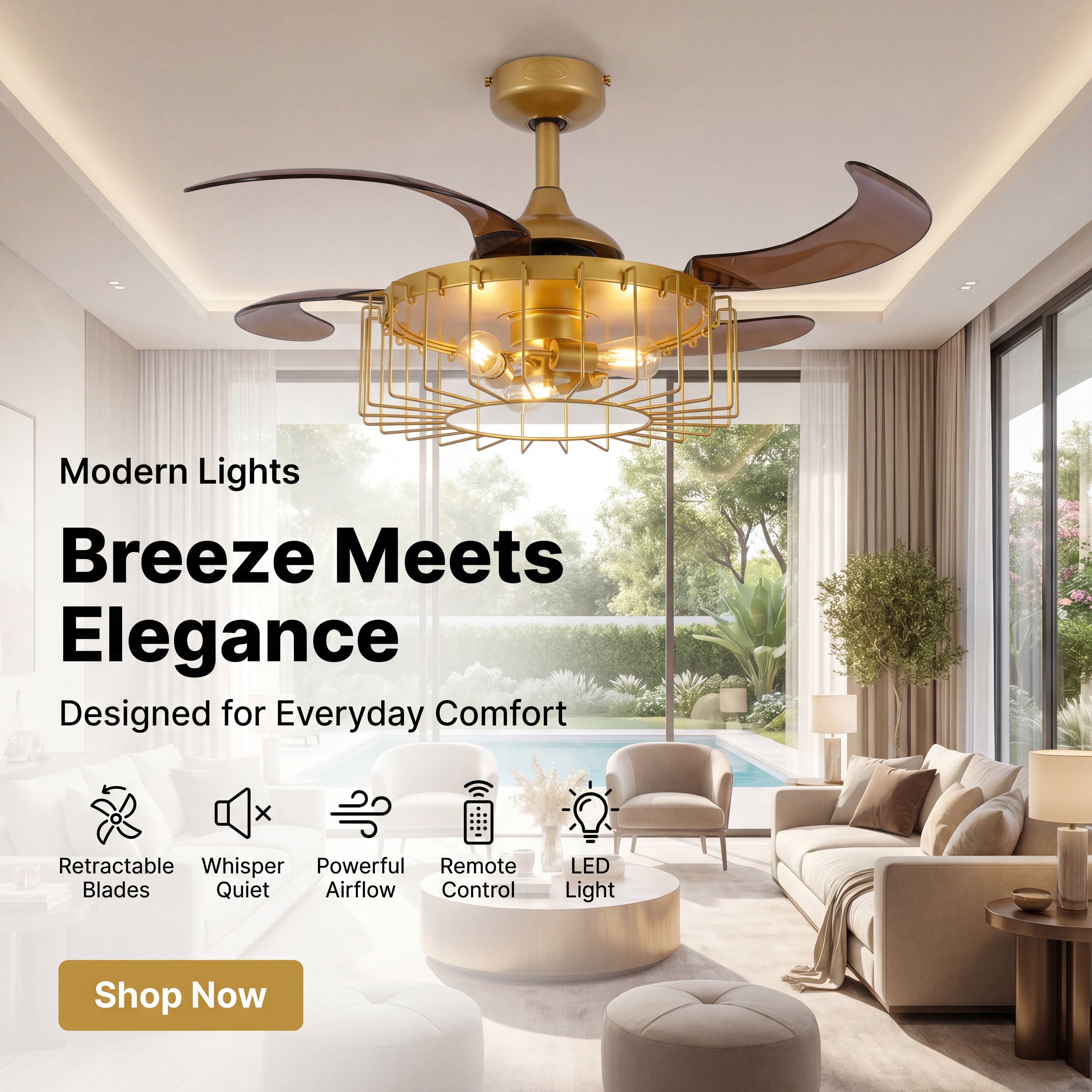 48 Inch Antique Gold Retractable Blade Ceiling Fan