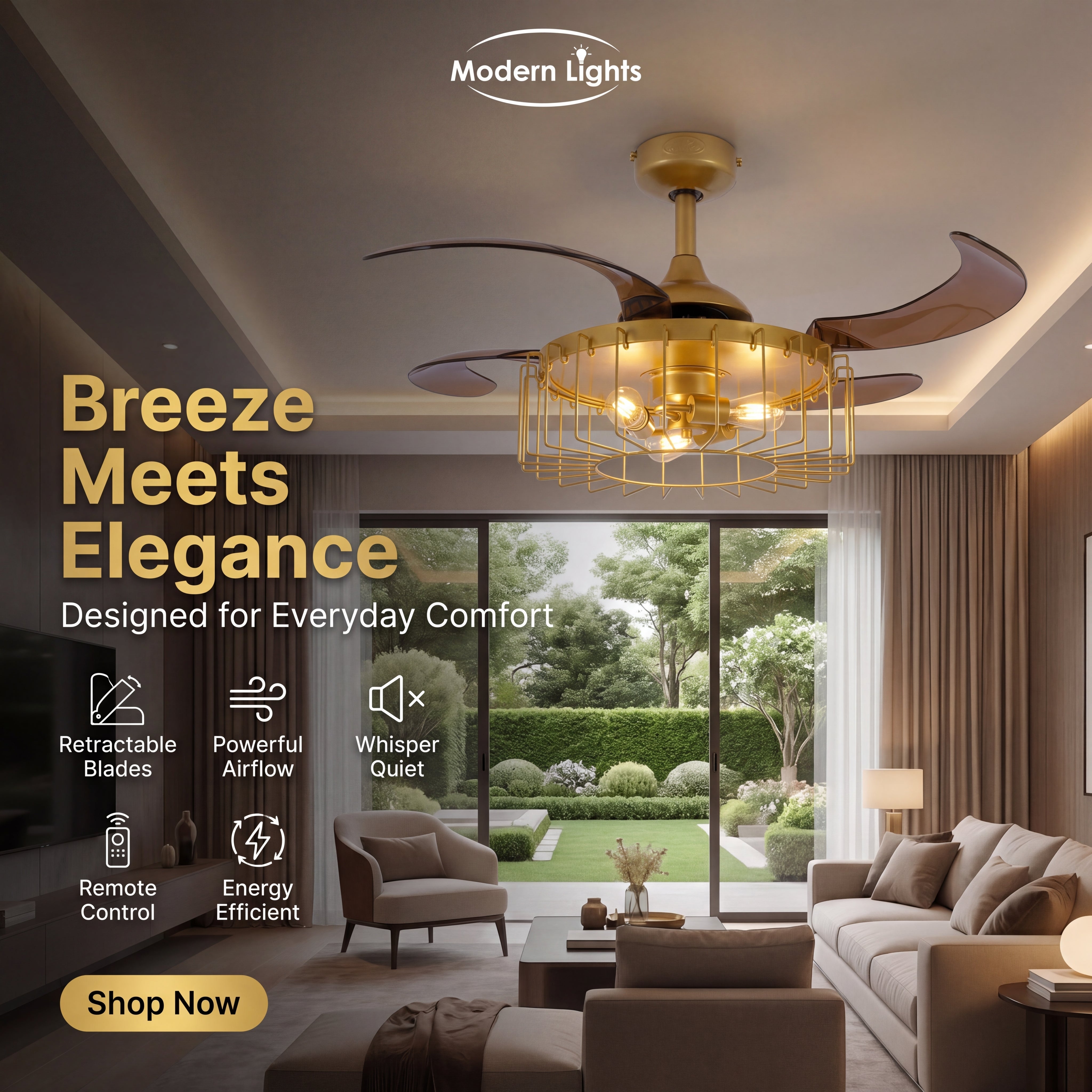 48 Inch Antique Gold Retractable Blade Ceiling Fan