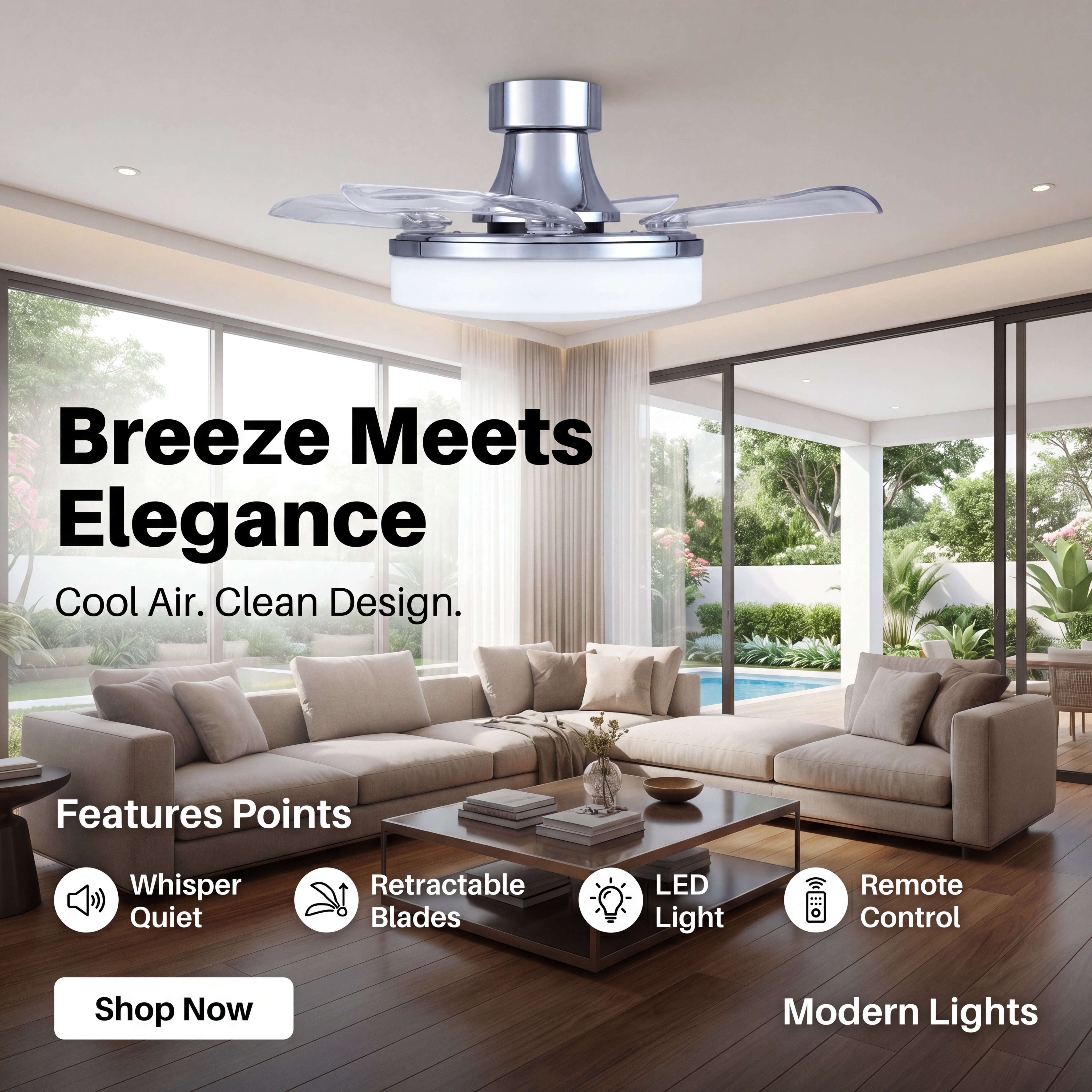 36 Inch Chrome Retractable Blade Ceiling Fan