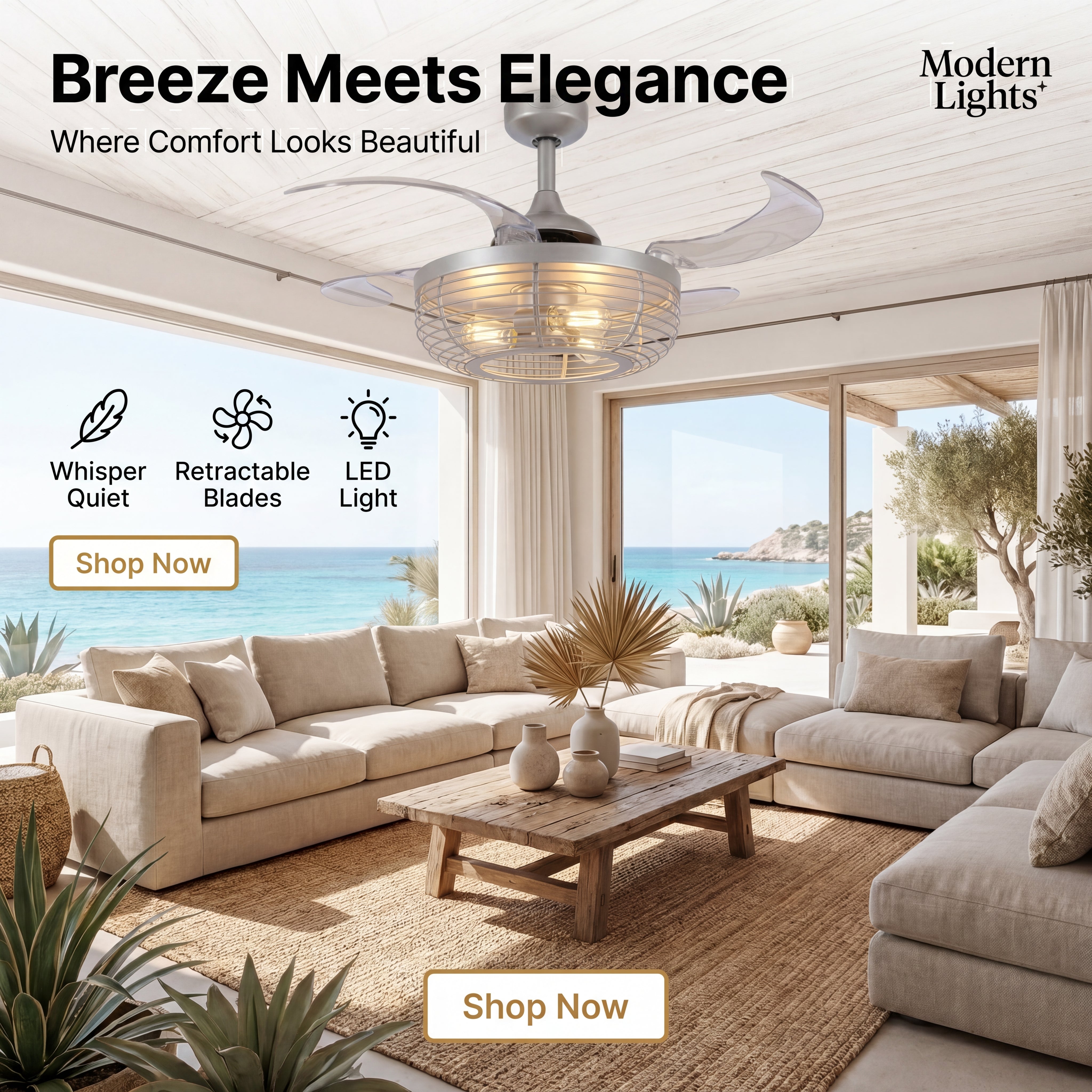 Carbondale 48 Inch 3 Light Silver Ceiling Fan with Retractable Blades