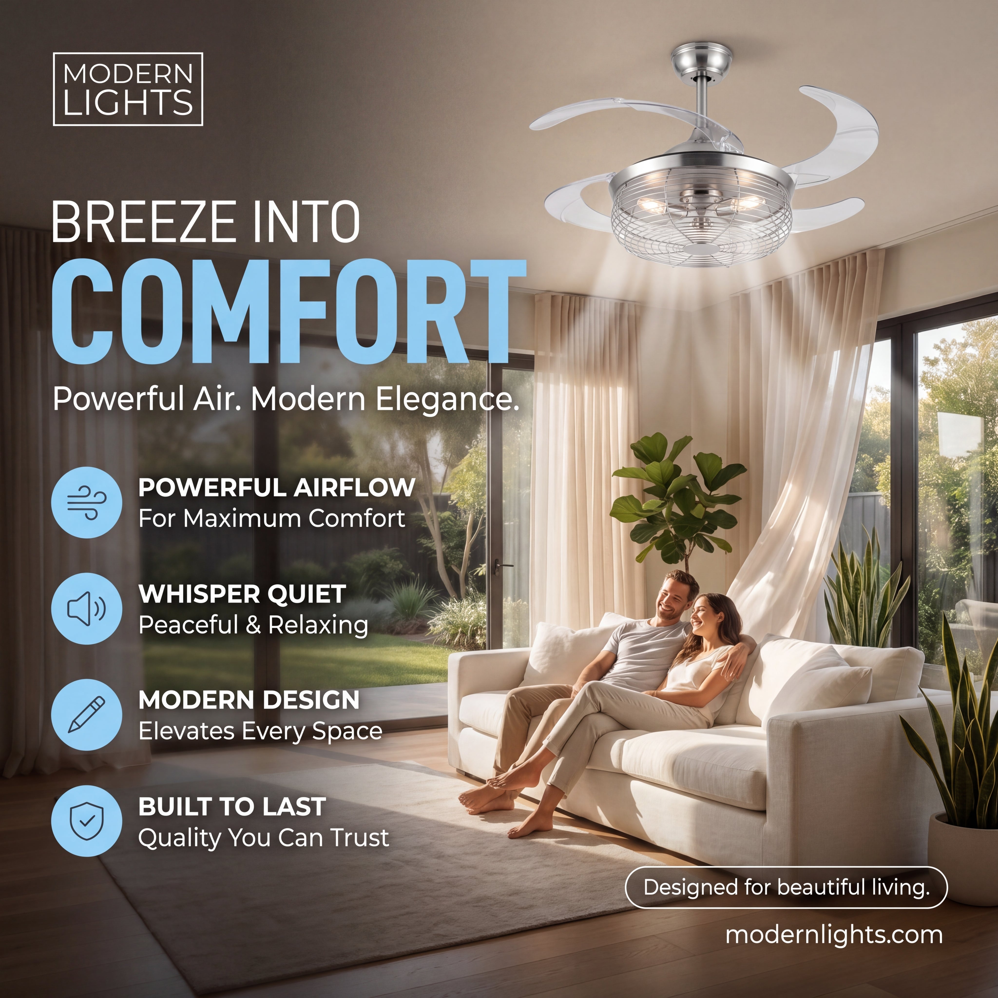 Carbondale 48 Inch 3 Light Silver Ceiling Fan with Retractable Blades