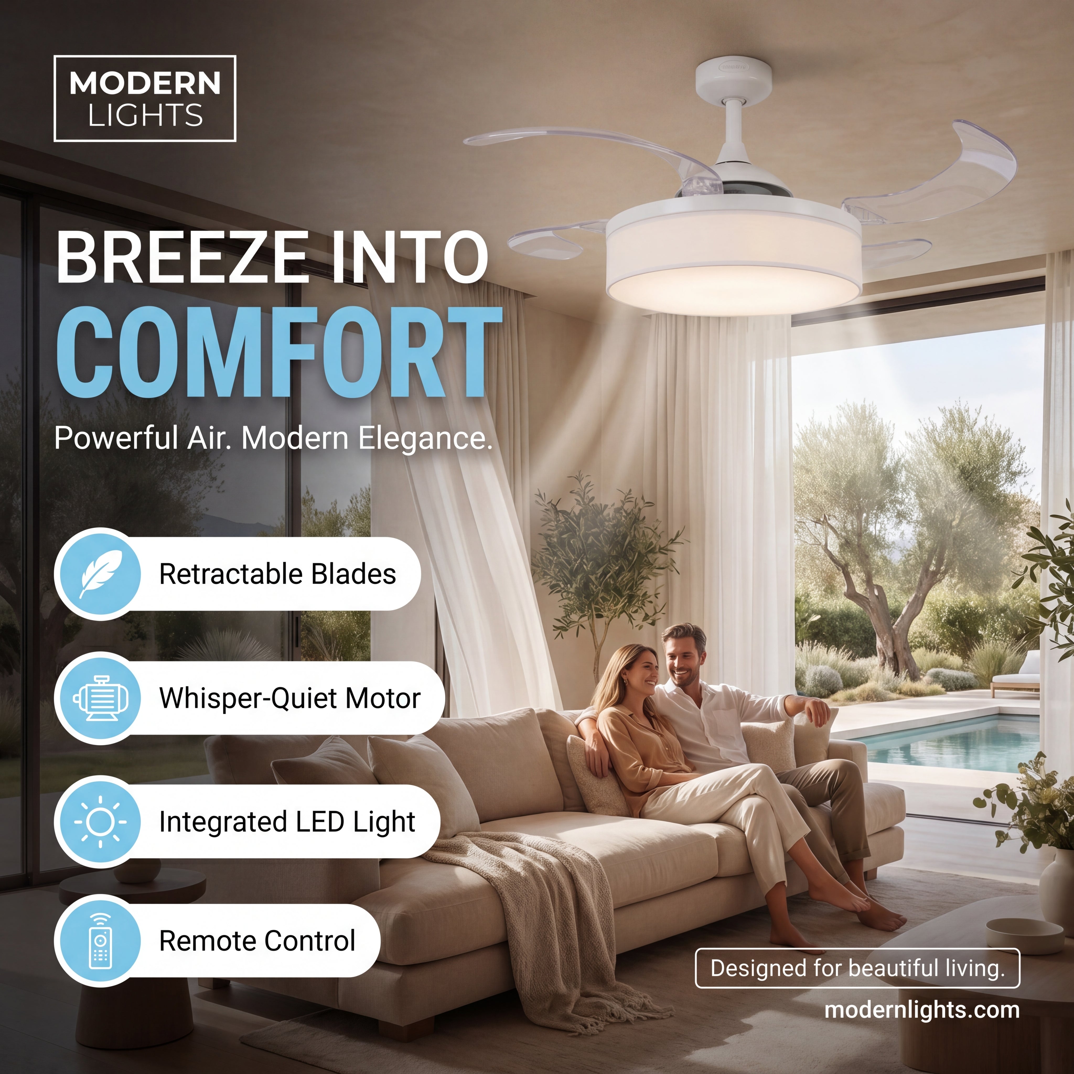 Fraser 48 Inch 3 Light White Fan with Retractable Blades