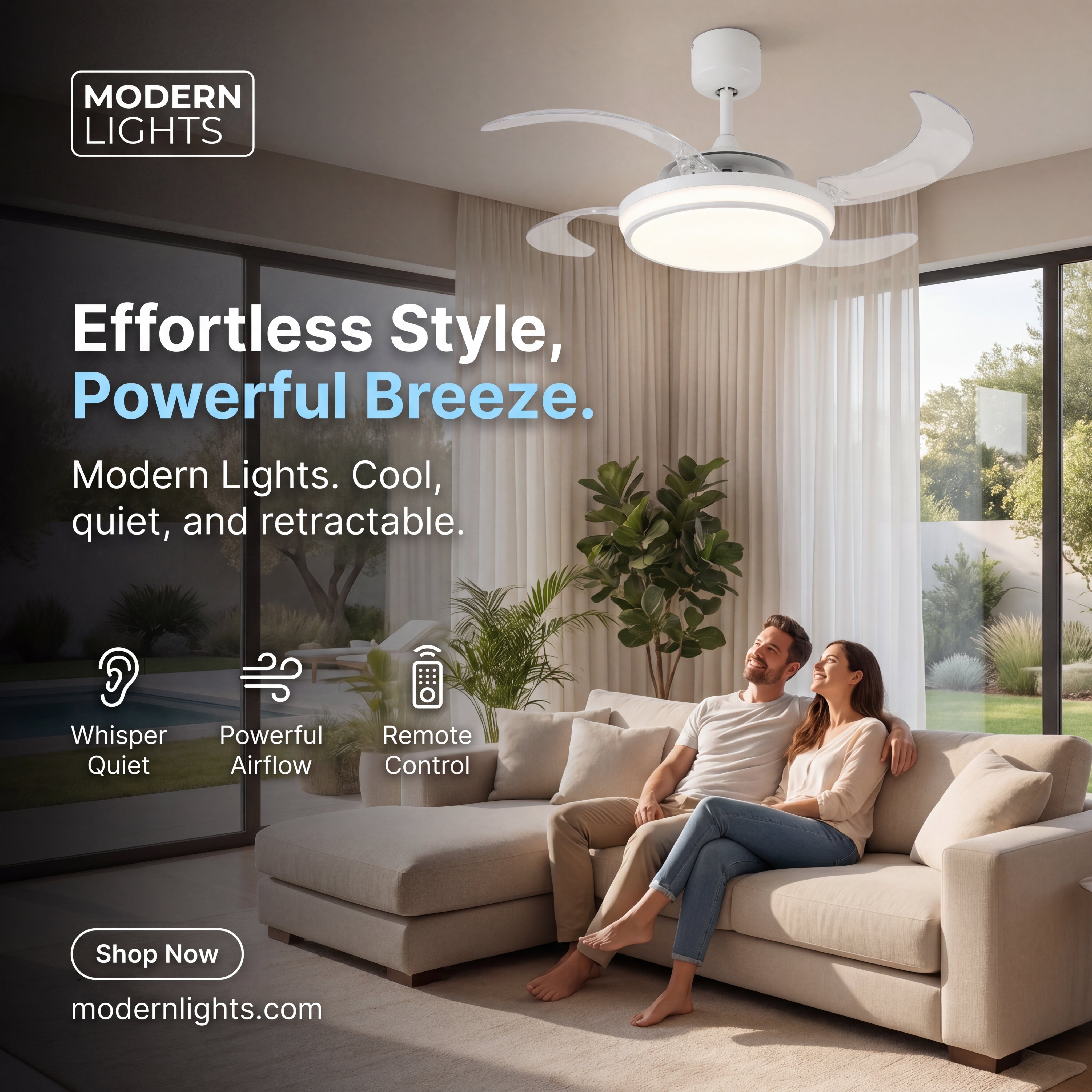 EVO1 48 Inch 1 Light White Fan with Retractable Blades and LED