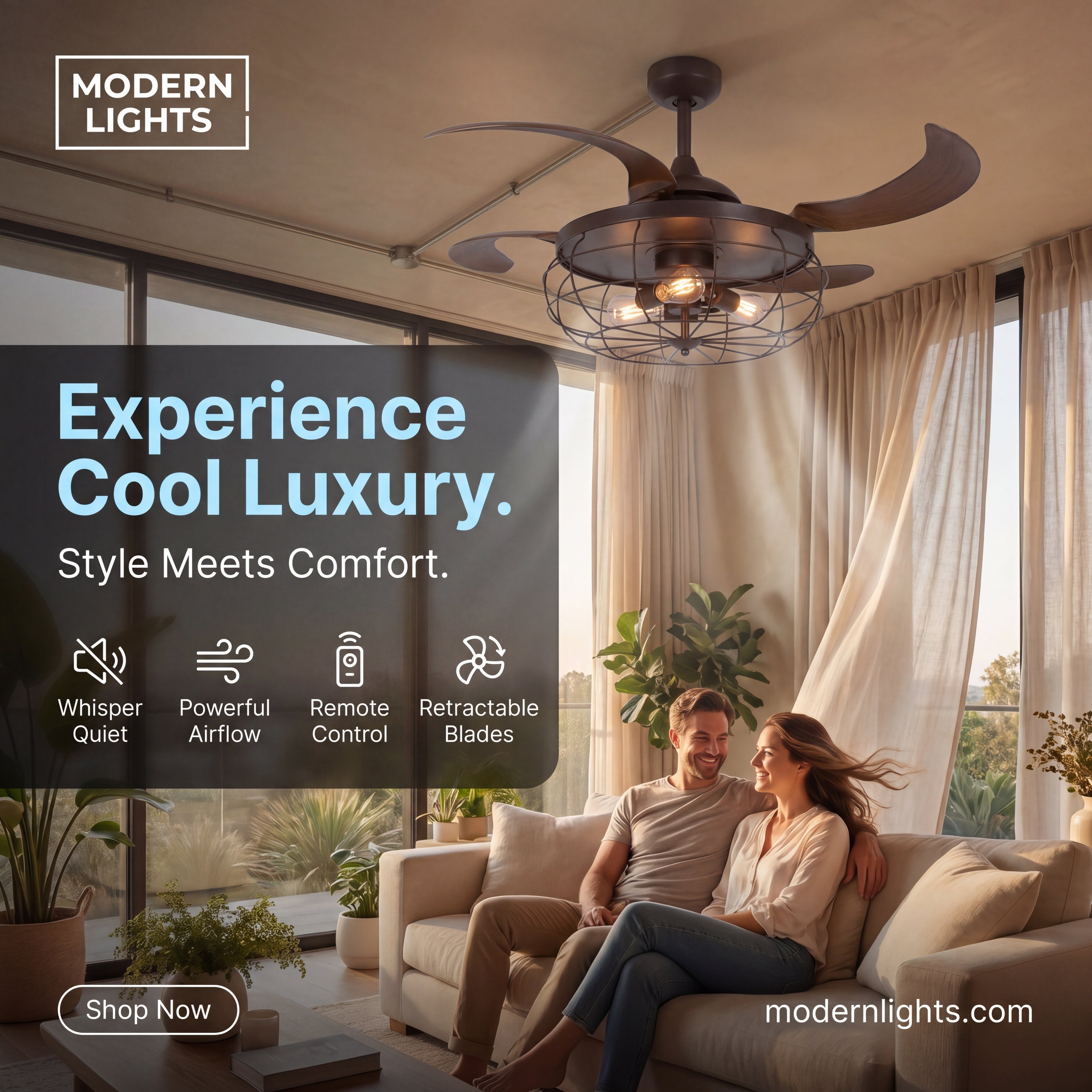 Industri 48 Inch 3 Light Bronze Ceiling Fan with Retractable Blades