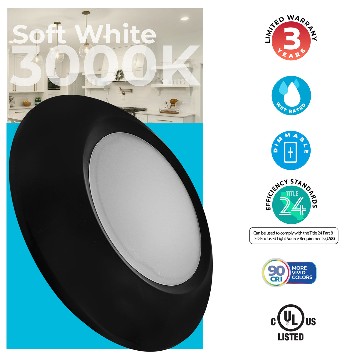 7-inch Black 14W Dimmable LED Disc Downlight, 3000K, 1100 Lumens, 4-Pack