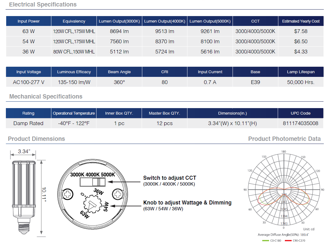 Commercial LED Bulb 36/54/63W Corn Cob 3 Color & Wattage Selectable