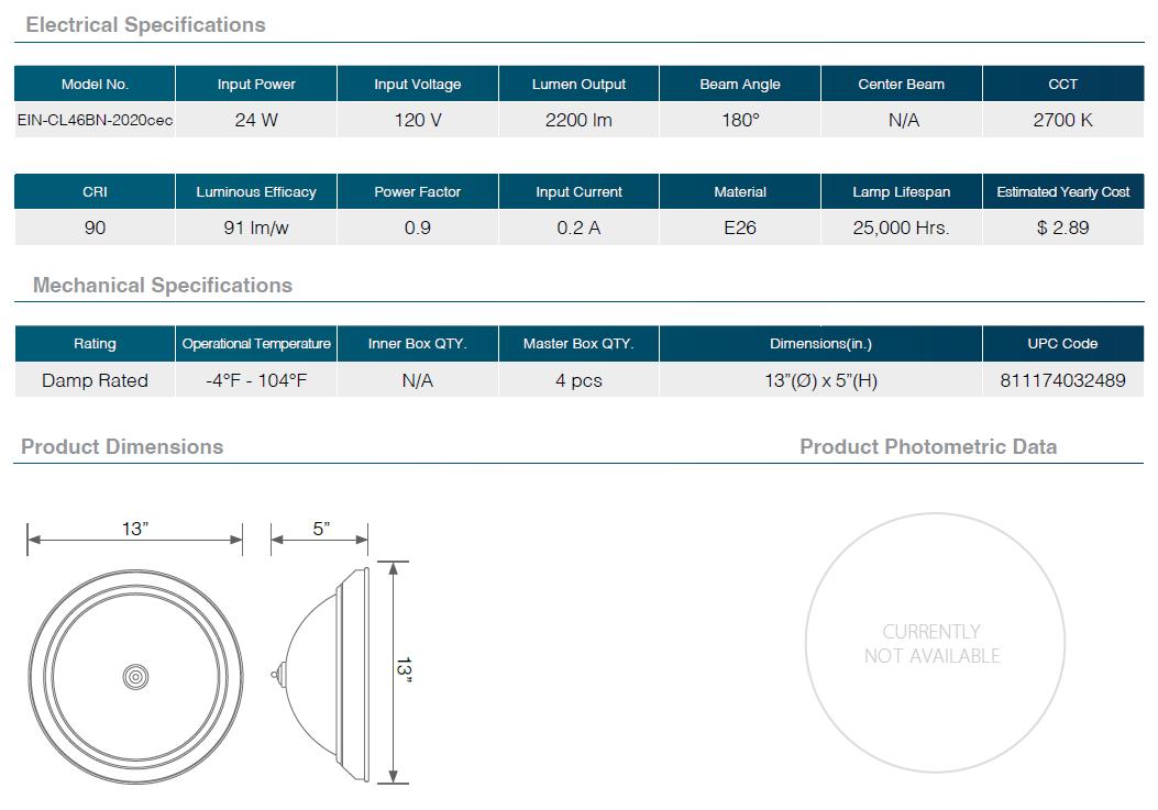 Residential LED 24W Round Dimmable Ceiling Light 13-Inch Fixture