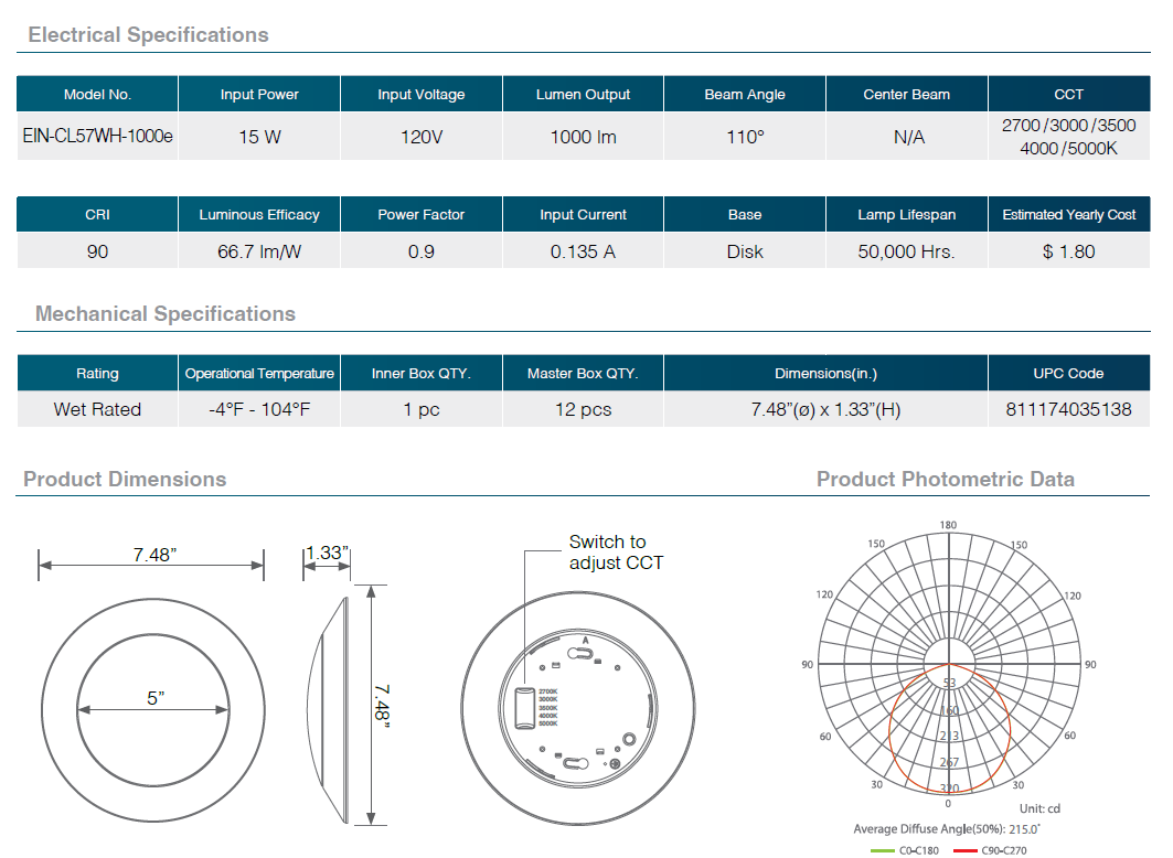 Residential LED 15W Round Dimmable Ceiling Light 5CCT Selectable