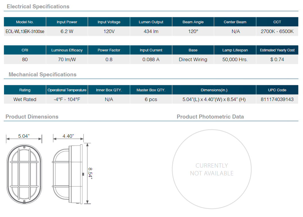 Residential LED Outdoor Wall Light 6W 6CCT Bulkhead Fixture