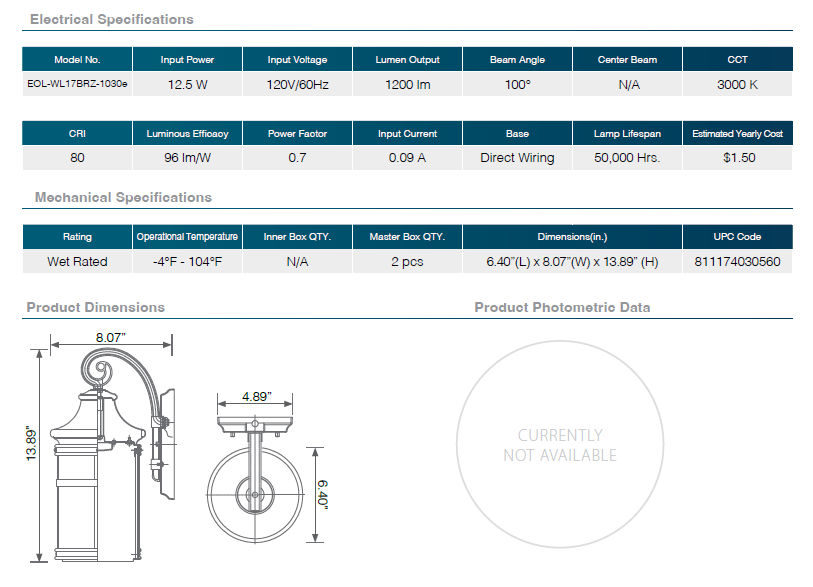 Residential LED Wall Lantern 12.5W Outdoor Light 3000K