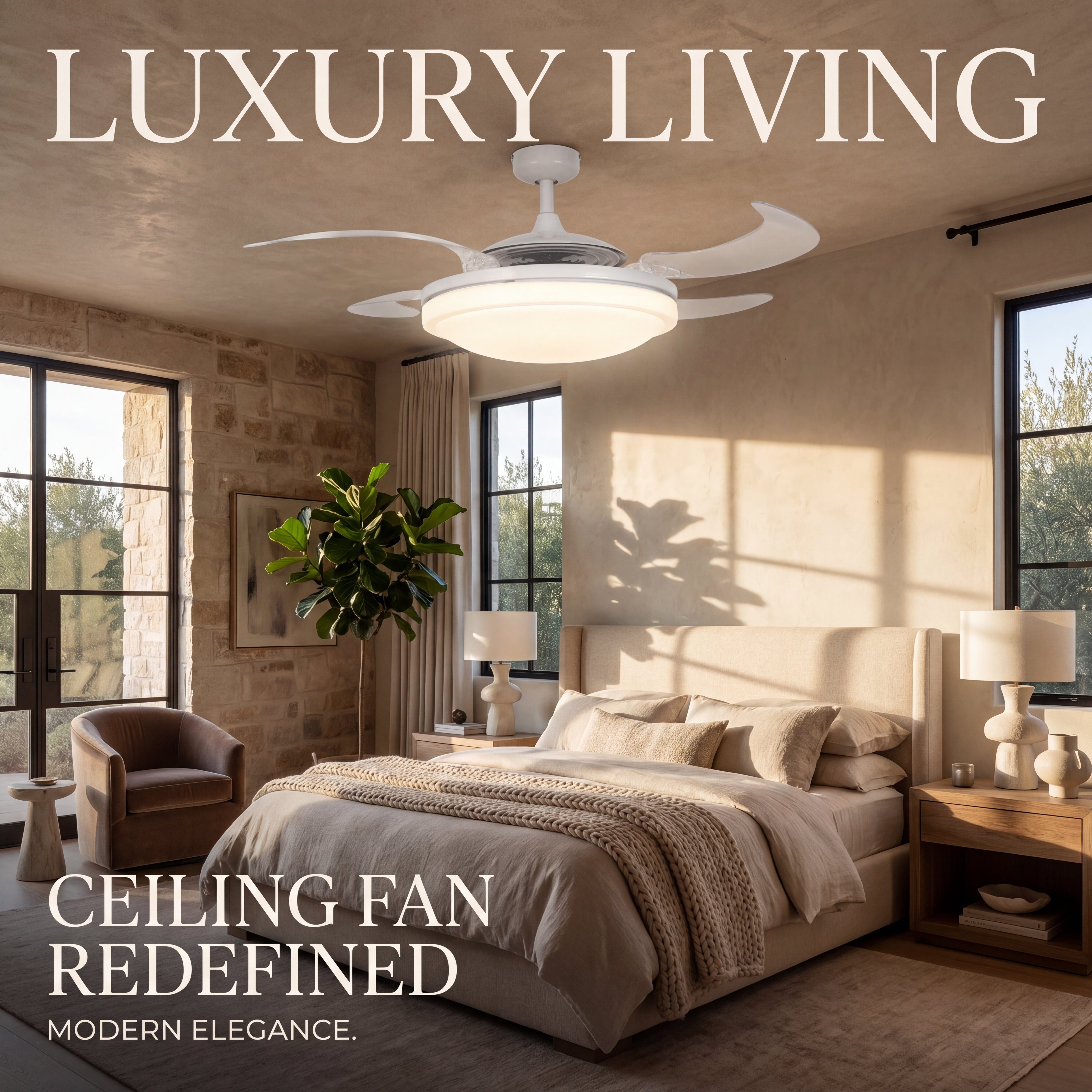EVO2 48 Inch 3 Light White Fan with Retractable Blades