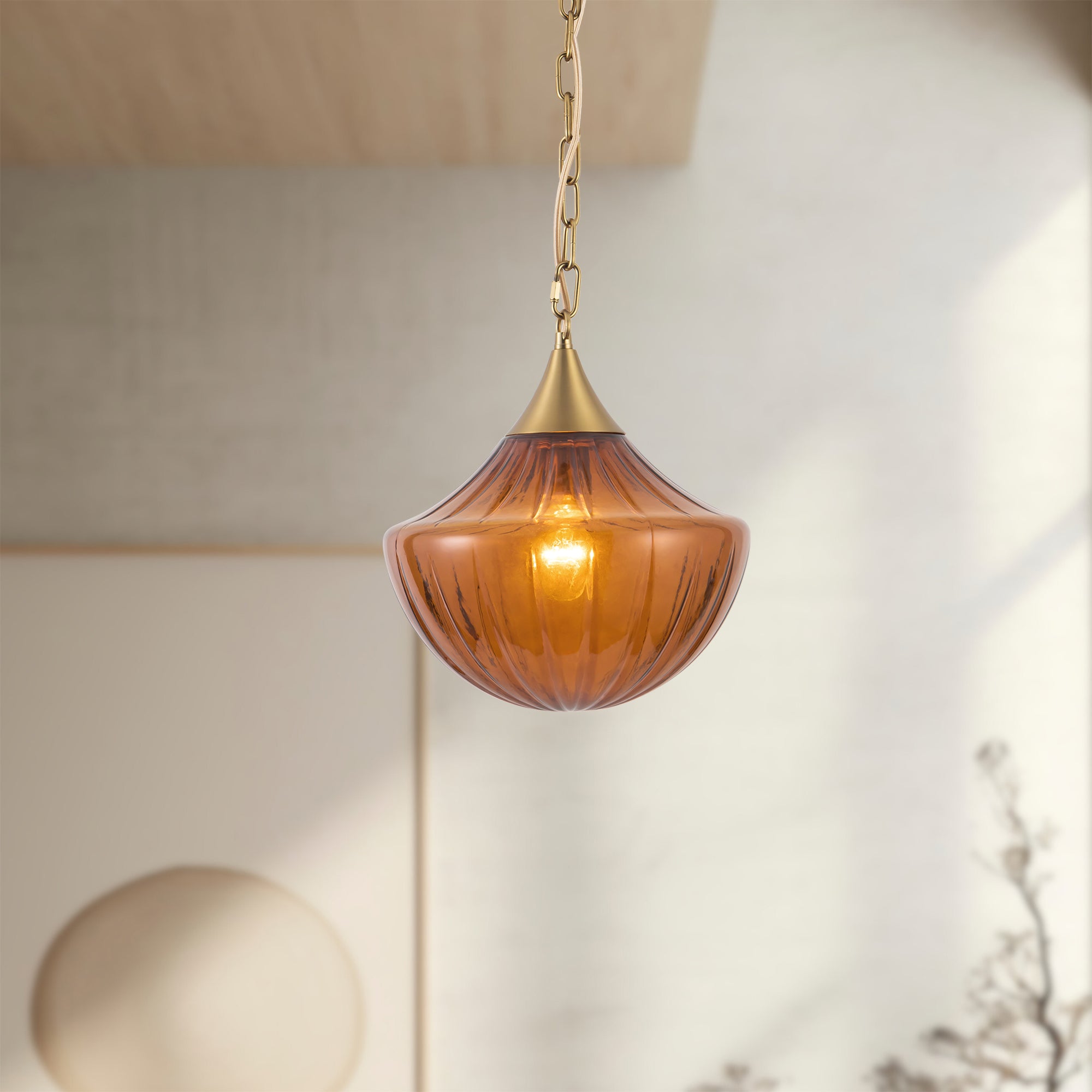 Farrah 12-in Amber Ribbed Glass Socket Pendant