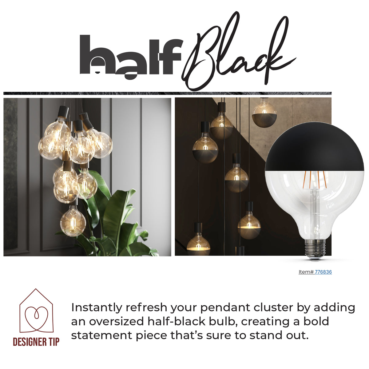 Half Series Designer G40 6W Dimmable Half Black Filament LED Light Bulb with E26 Base, 2700K, 500 Lumens, 4-Pack