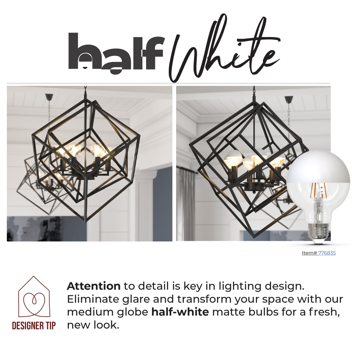 Half Series Designer G16 2.5W Dimmable Half White Filament LED Light Bulb with E12 Base, 2700K, 200 Lumens, 2-Pack