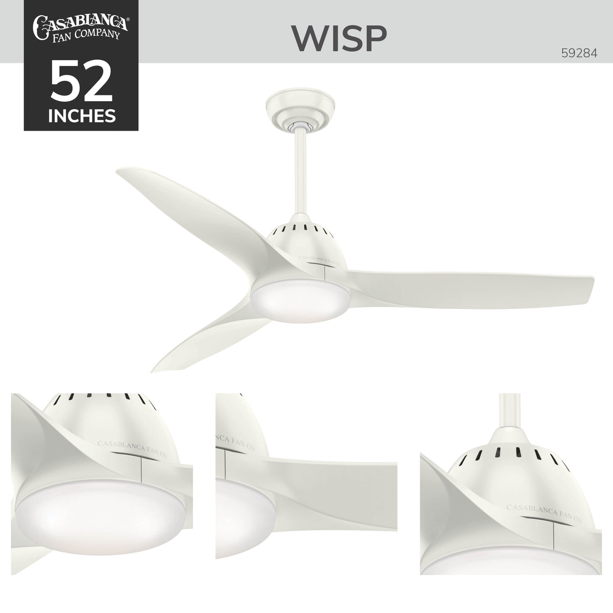Casablanca 52 inch Wisp Fresh White Ceiling Fan with LED Light Kit and Handheld Remote