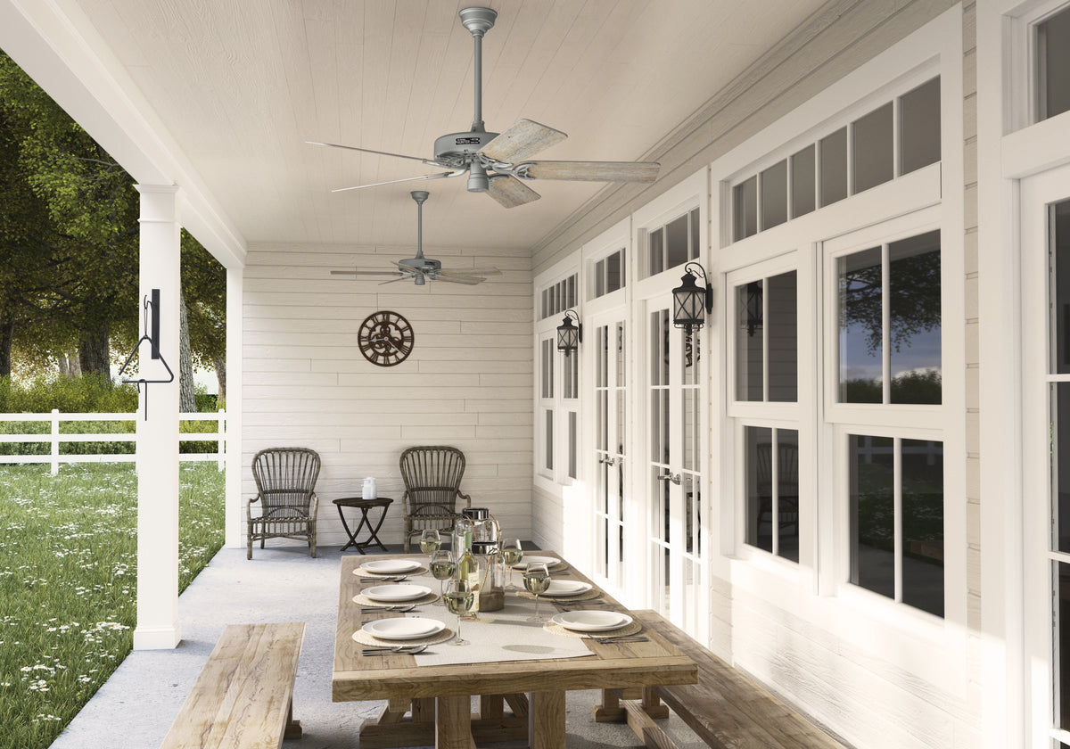 52 inch Original Matte Silver Damp Rated Ceiling Fan and Pull Chain