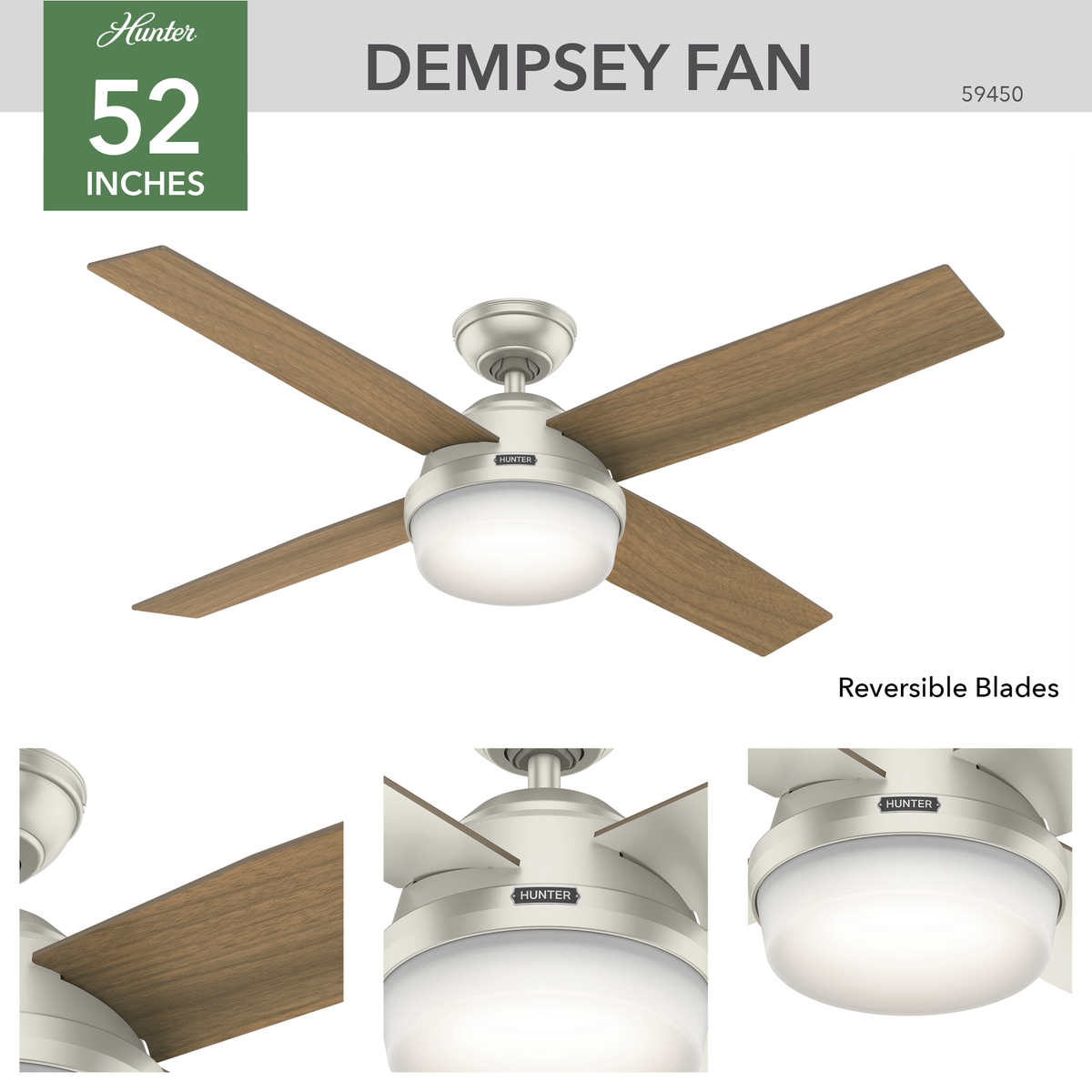 52 inch Dempsey Matte Nickel Damp Rated Ceiling Fan with LED Light Kit and Handheld Remote