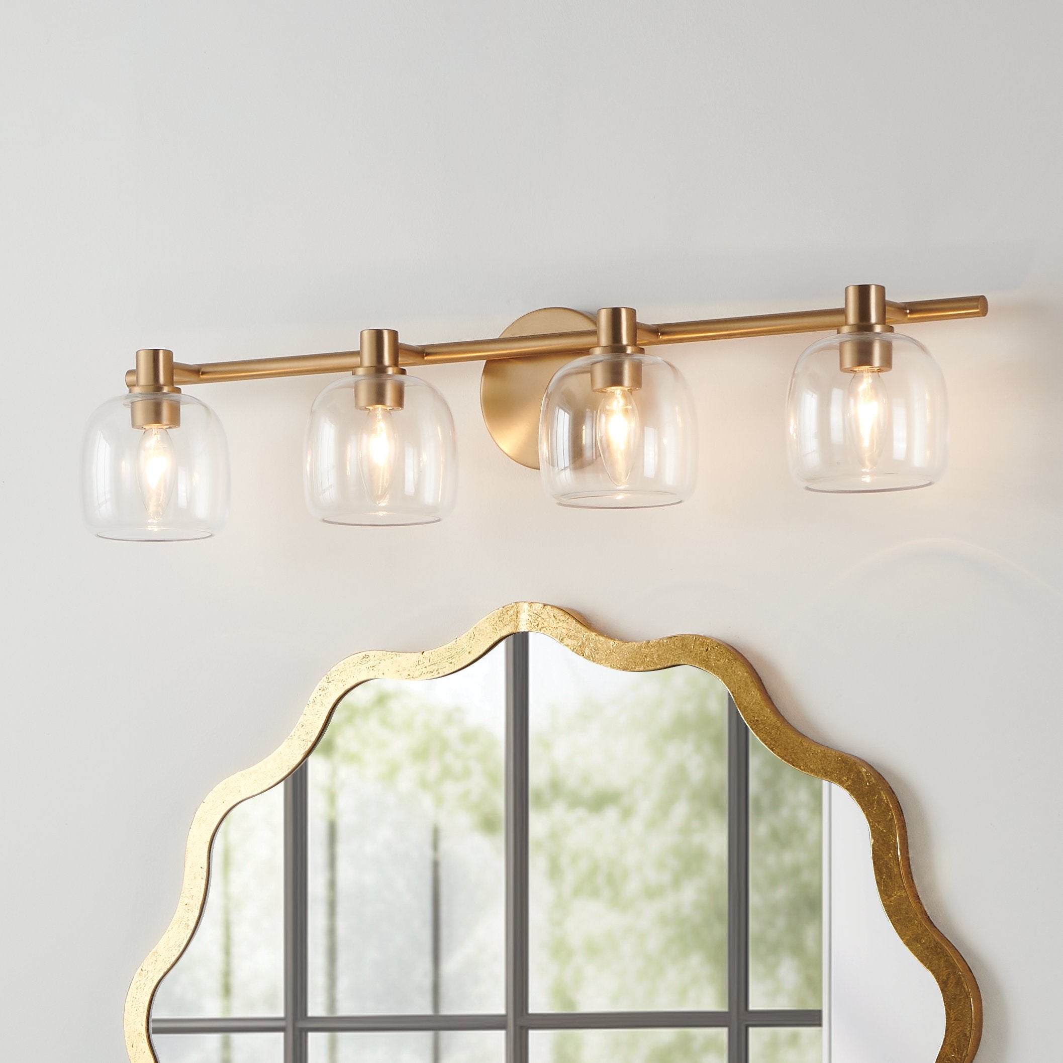 Valentina 30-inch 4-light Champagne Gold Vanity Light with Clear Glass Shades