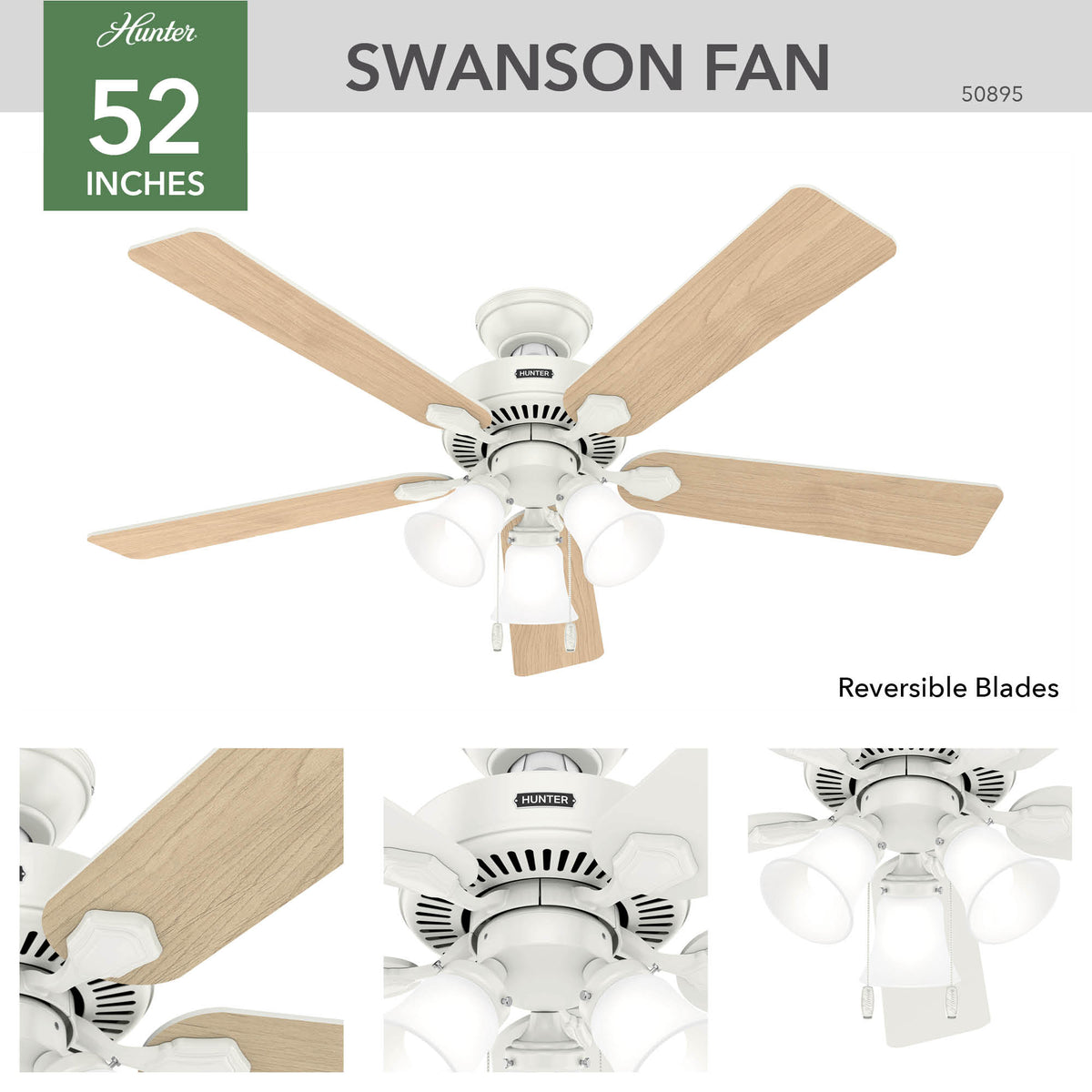 52 inch Swanson Fresh White Ceiling Fan with LED Light Kit