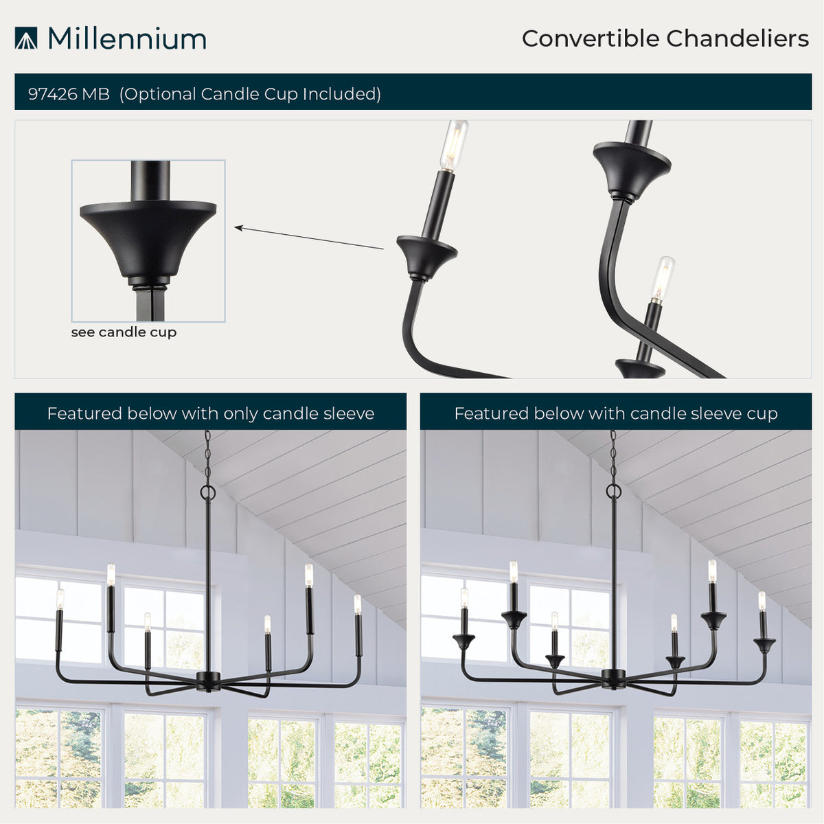 28'' Herring Matte Black 6 Light Chandelier