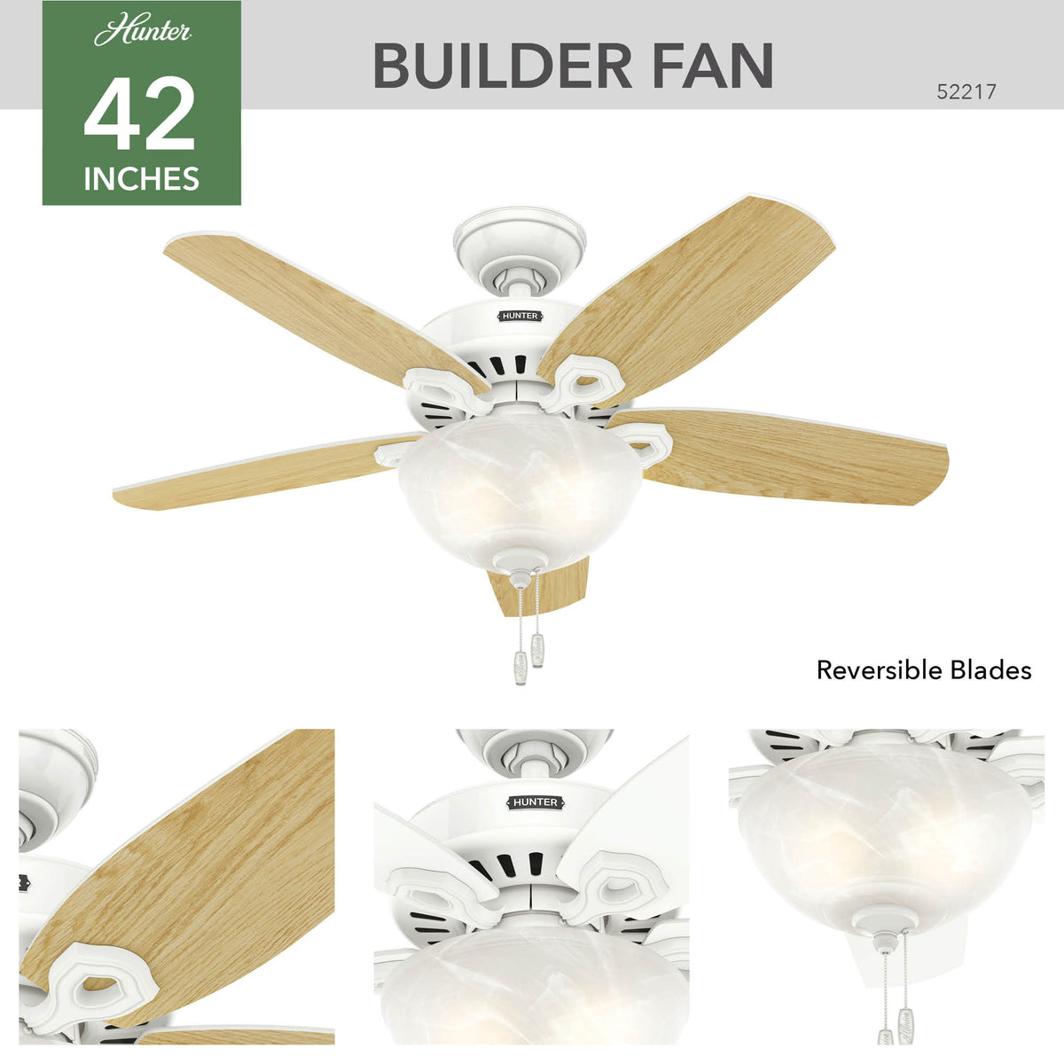 42 inch Builder Snow White Ceiling Fan with LED Light Kit and Pull Chain