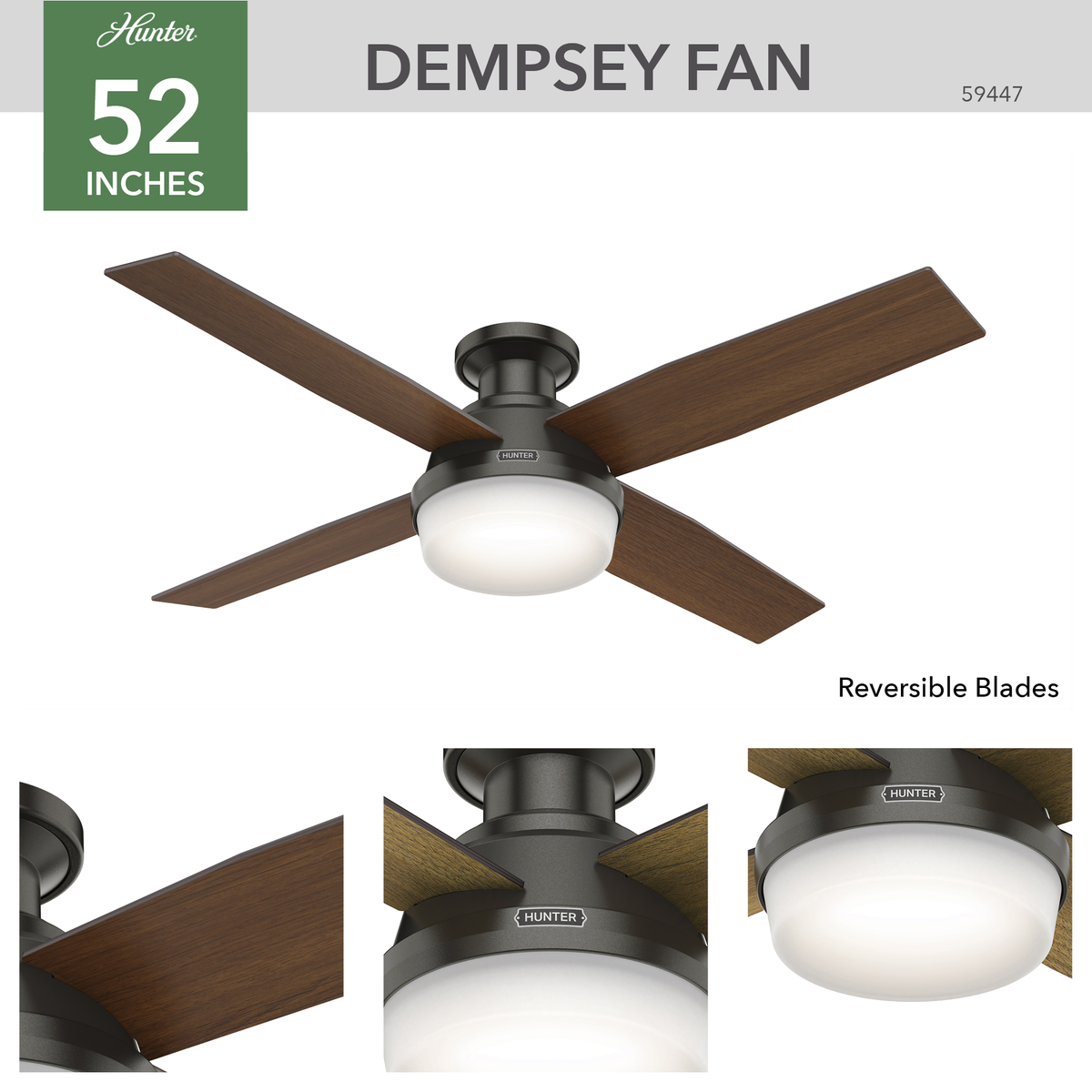 52 inch Dempsey Noble Bronze Low Profile Ceiling Fan with LED Light Kit and Handheld Remote