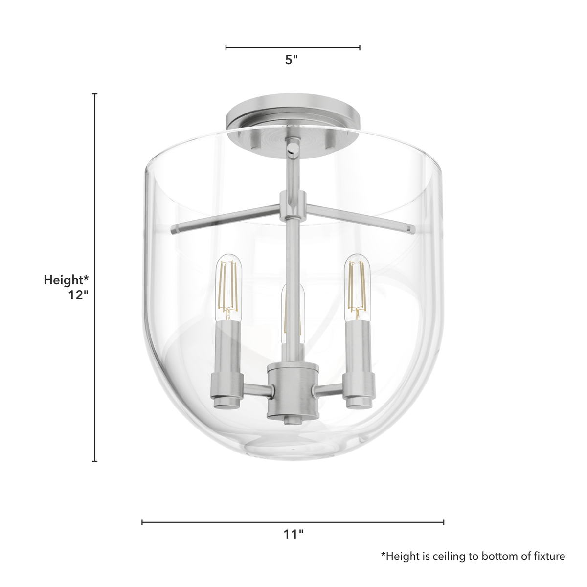 Sacha 11-inch 3-light Brushed Nickel Semi-Flush Mount with Clear Glass