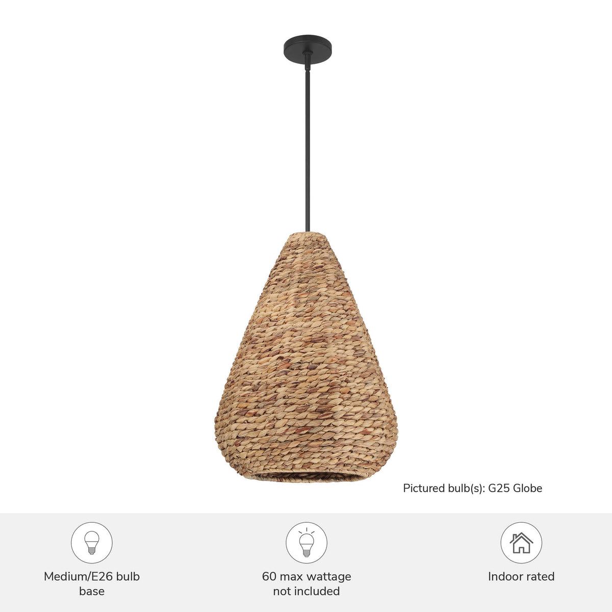 Cambria 18-inch 3-light Matte Black Pendant with Natural Seagrass Shade