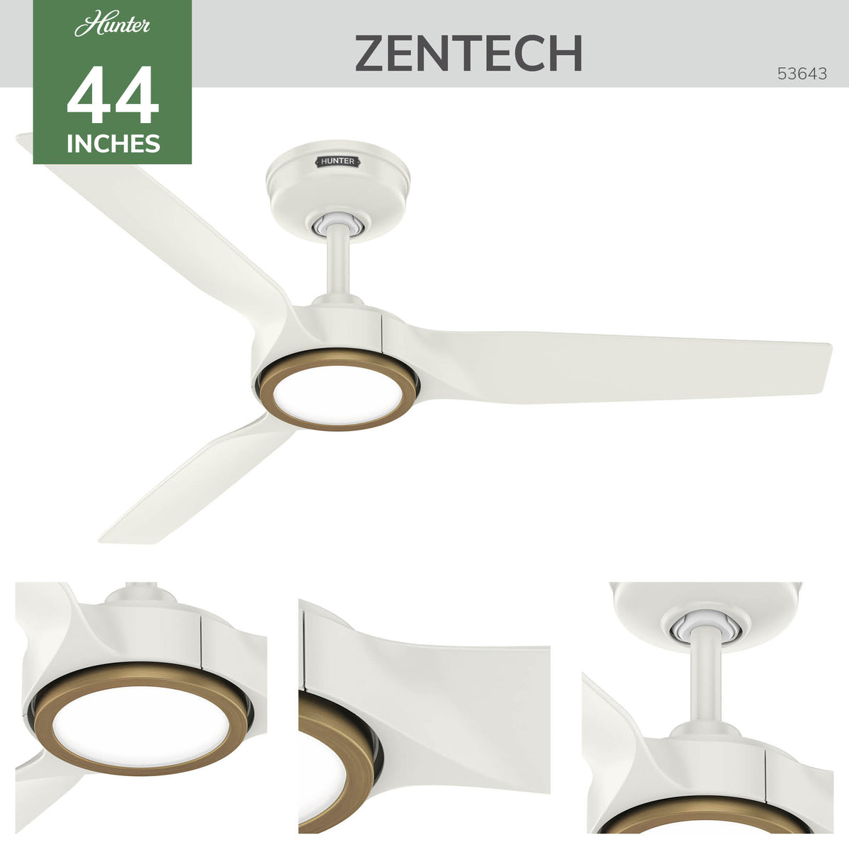 44 inch Zentech Wi-Fi ENERGY STAR® Fresh White Damp Rated Ceiling Fan with LED Light Kit and Handheld Remote