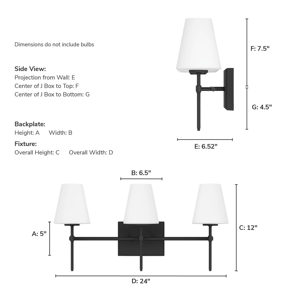 Camelia Stem 24-inch 3-light Matte Black and Cased White Glass Vanity Light with Cased White Glass