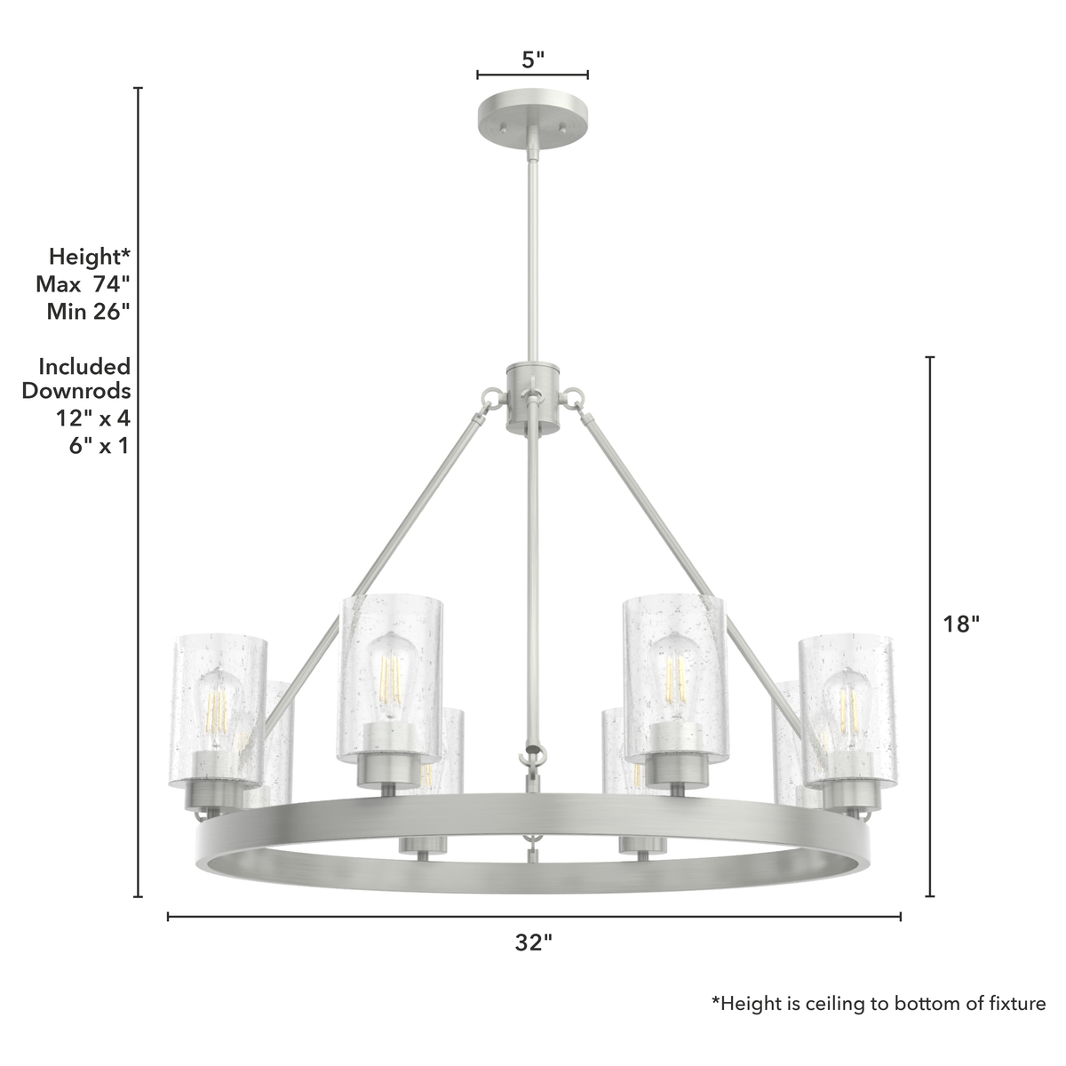 Hartland 32-inch 8-light Brushed Nickel Chandelier with Seeded Glass