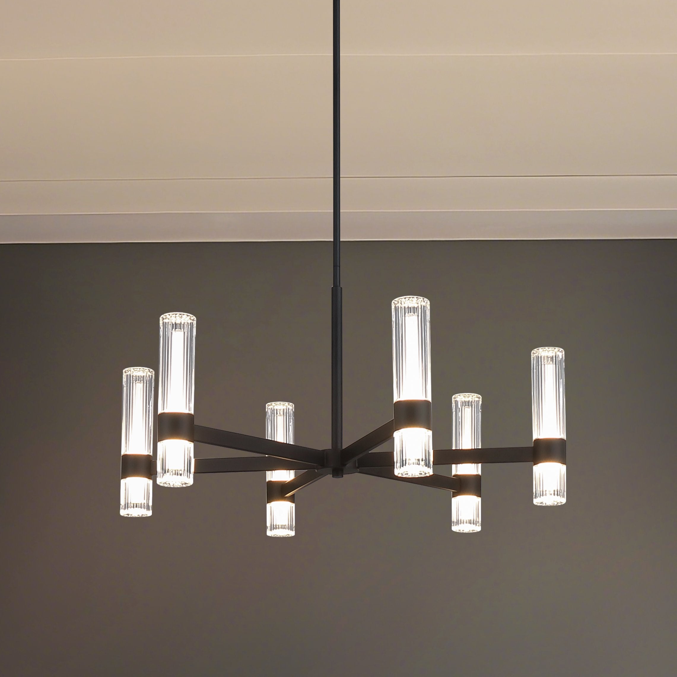 Ristretto 30-inch 12-light Matte Black LED Chandelier with Clear Ribbed and White Acrylic Shades