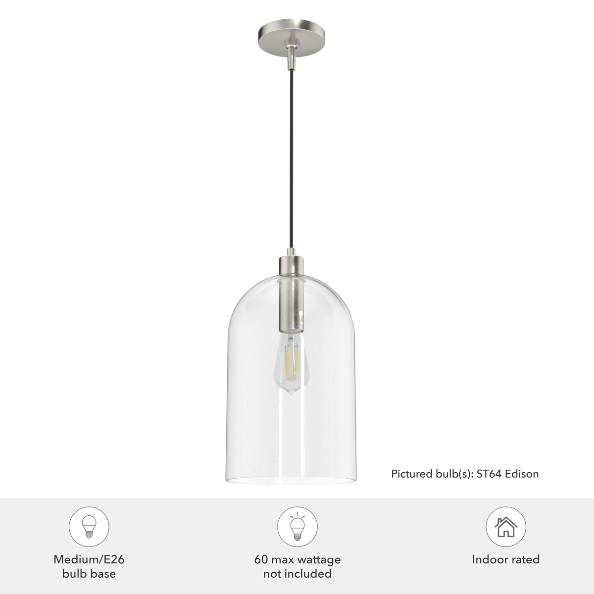 Lochemeade 9-inch 1-light Brushed Nickel Pendant with Clear Seeded Glass