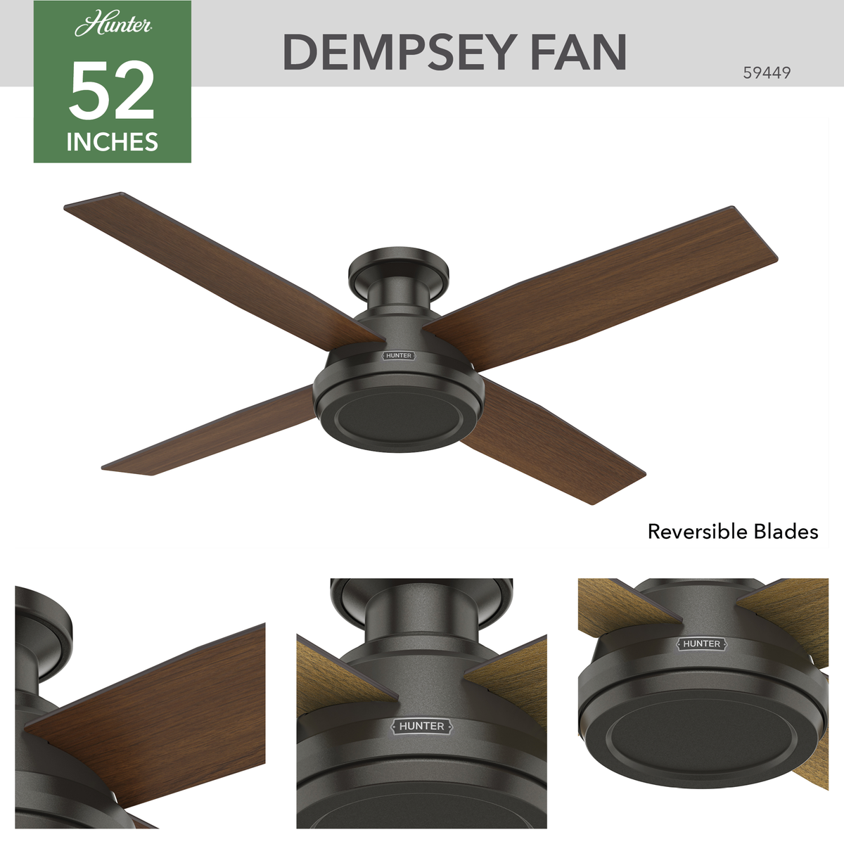 52 inch Dempsey Noble Bronze Low Profile Ceiling Fan and Handheld Remote