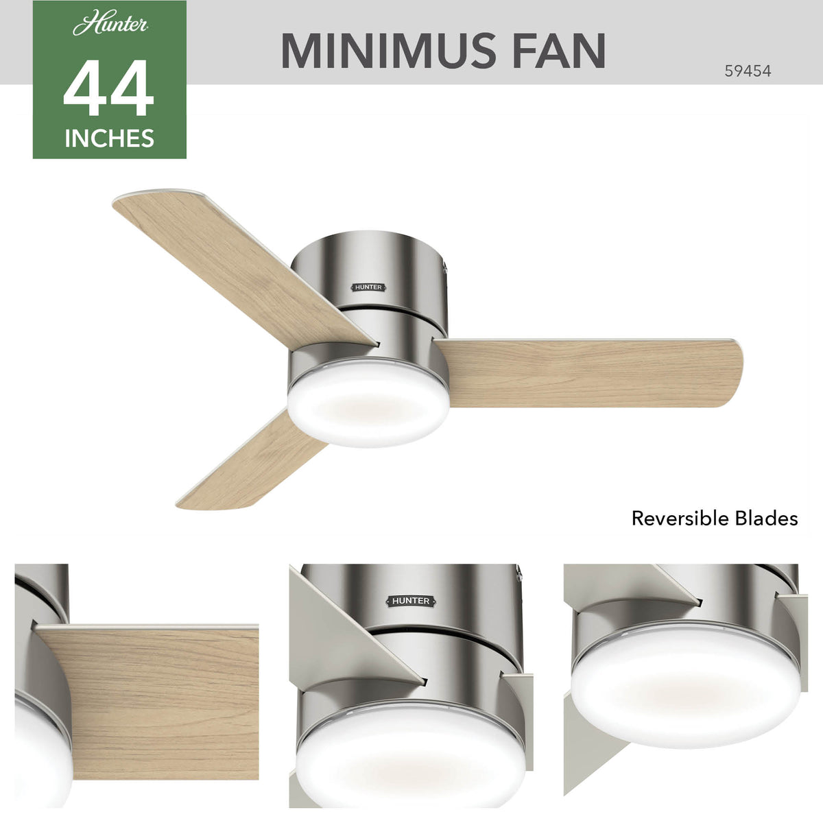 44 inch Minimus Brushed Nickel Low Profile Ceiling Fan with LED Light Kit and Handheld Remote