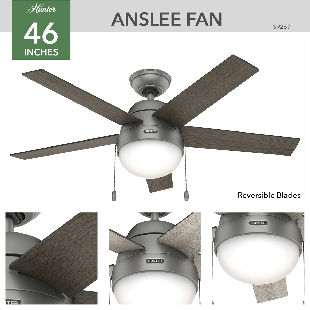 46 inch Anslee Matte Silver Ceiling Fan with LED Light Kit and Pull Chain