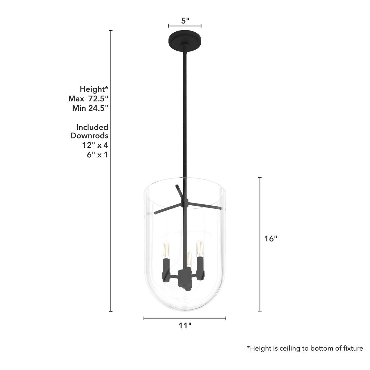 Sacha 11-inch 3-light Natural Black Iron Lantern Pendant with Clear Glass