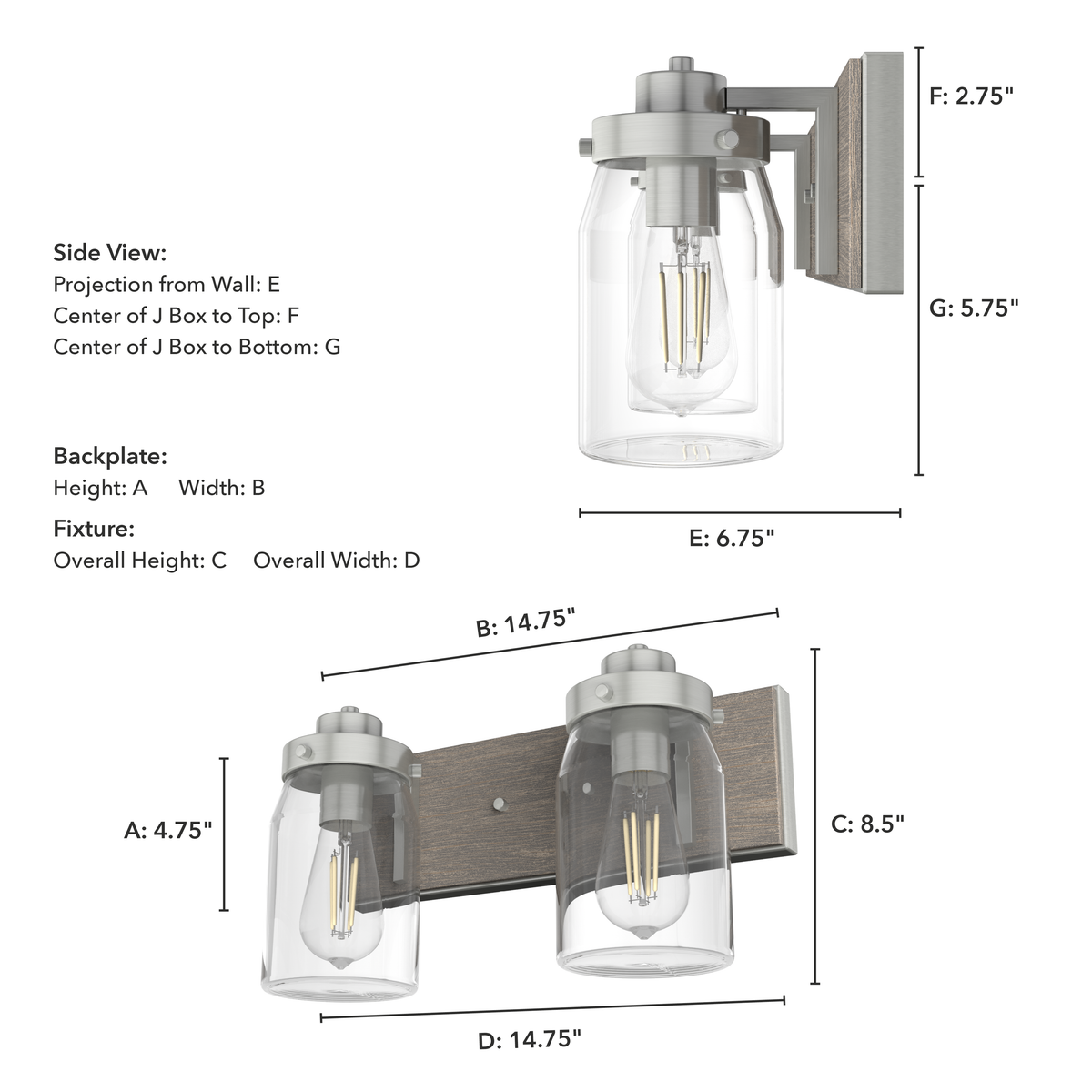 Devon Park 14.75-inch 2-light Brushed Nickel and Grey Wood Vanity Light with Clear Glass