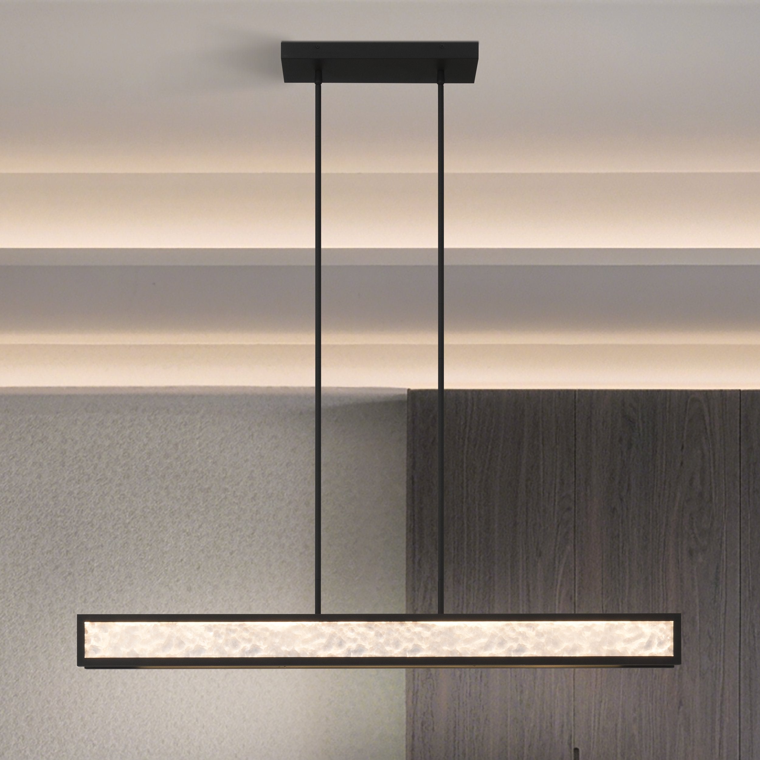 Courtney 48-inch Textured Black 5CCT LED Linear Chandelier with Clear Water Glass