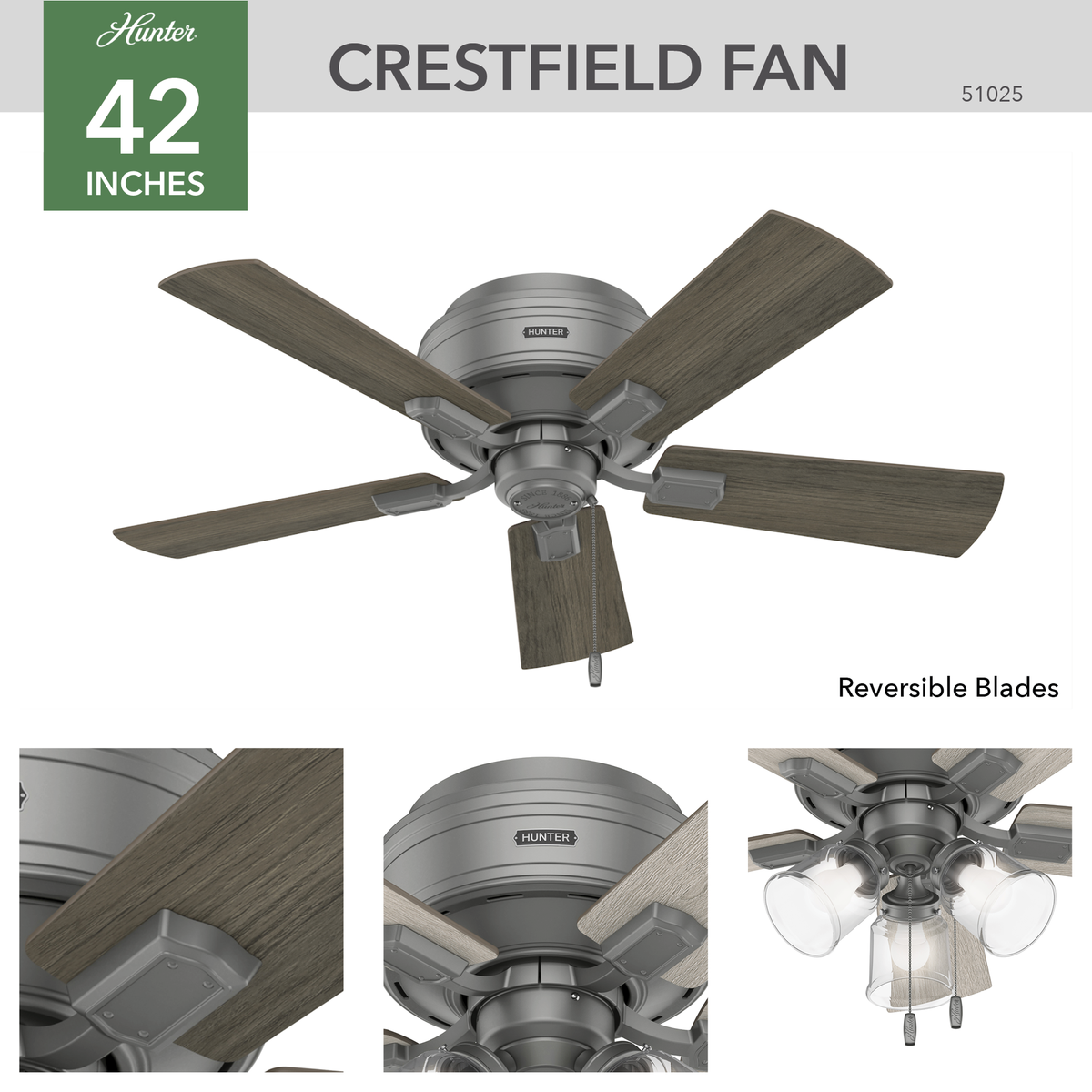 42 inch Crestfield Matte Silver Low Profile Ceiling Fan with LED Light Kit and Pull Chain
