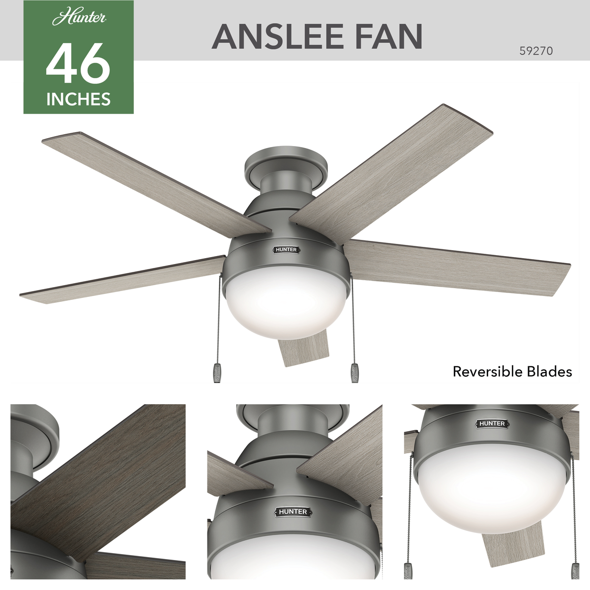 46 inch Anslee Matte Silver Low Profile Ceiling Fan with LED Light Kit and Pull Chain