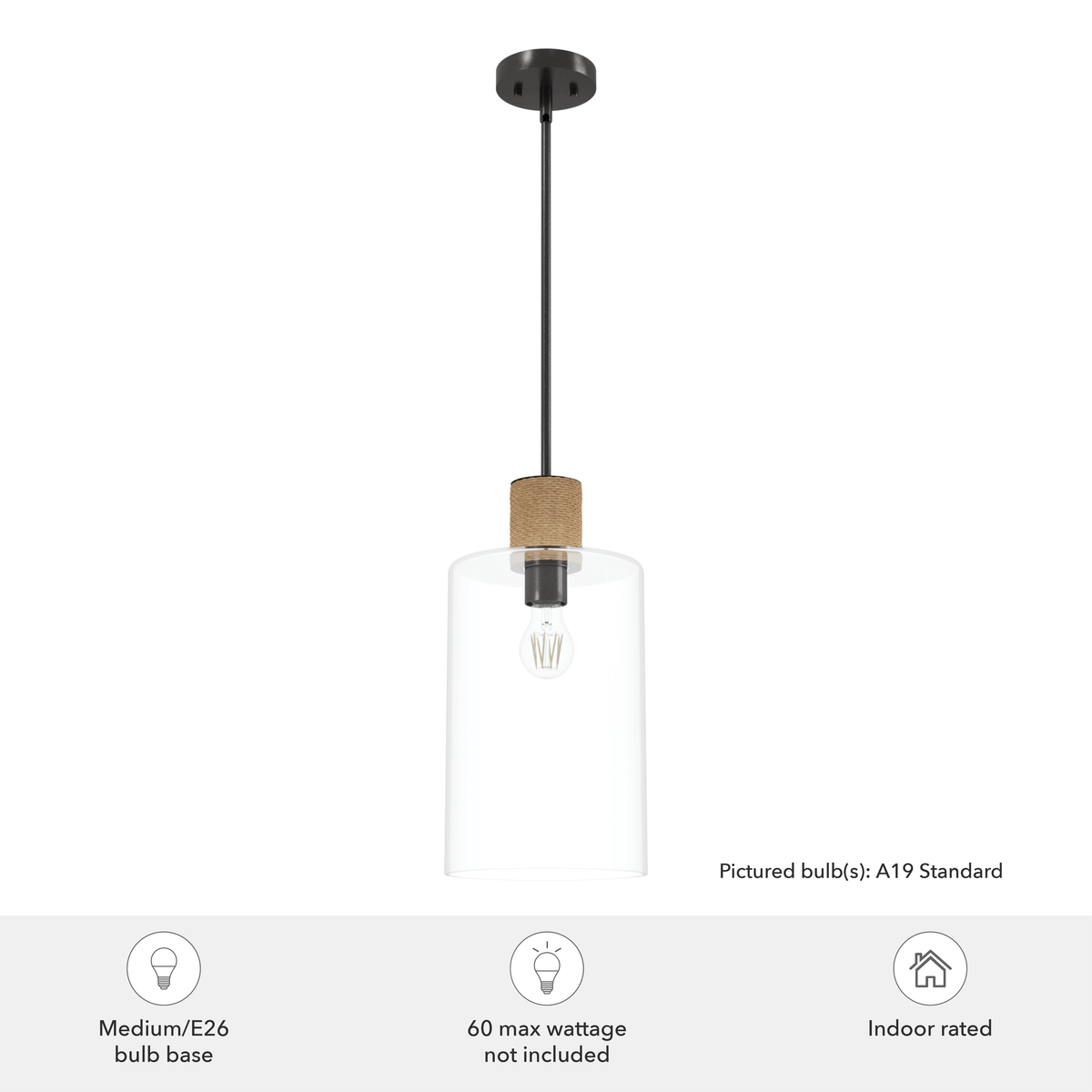 Vanning 9-inch 1-light Noble Bronze and Natural Sisal Rope Pendant with Clear Glass