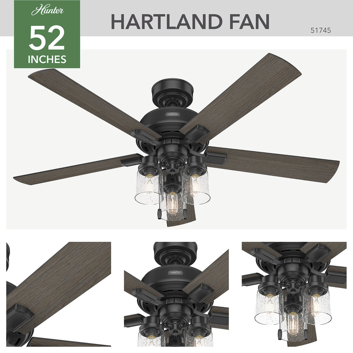 52 inch Hartland Matte Black Ceiling Fan with LED Light Kit and Pull Chain