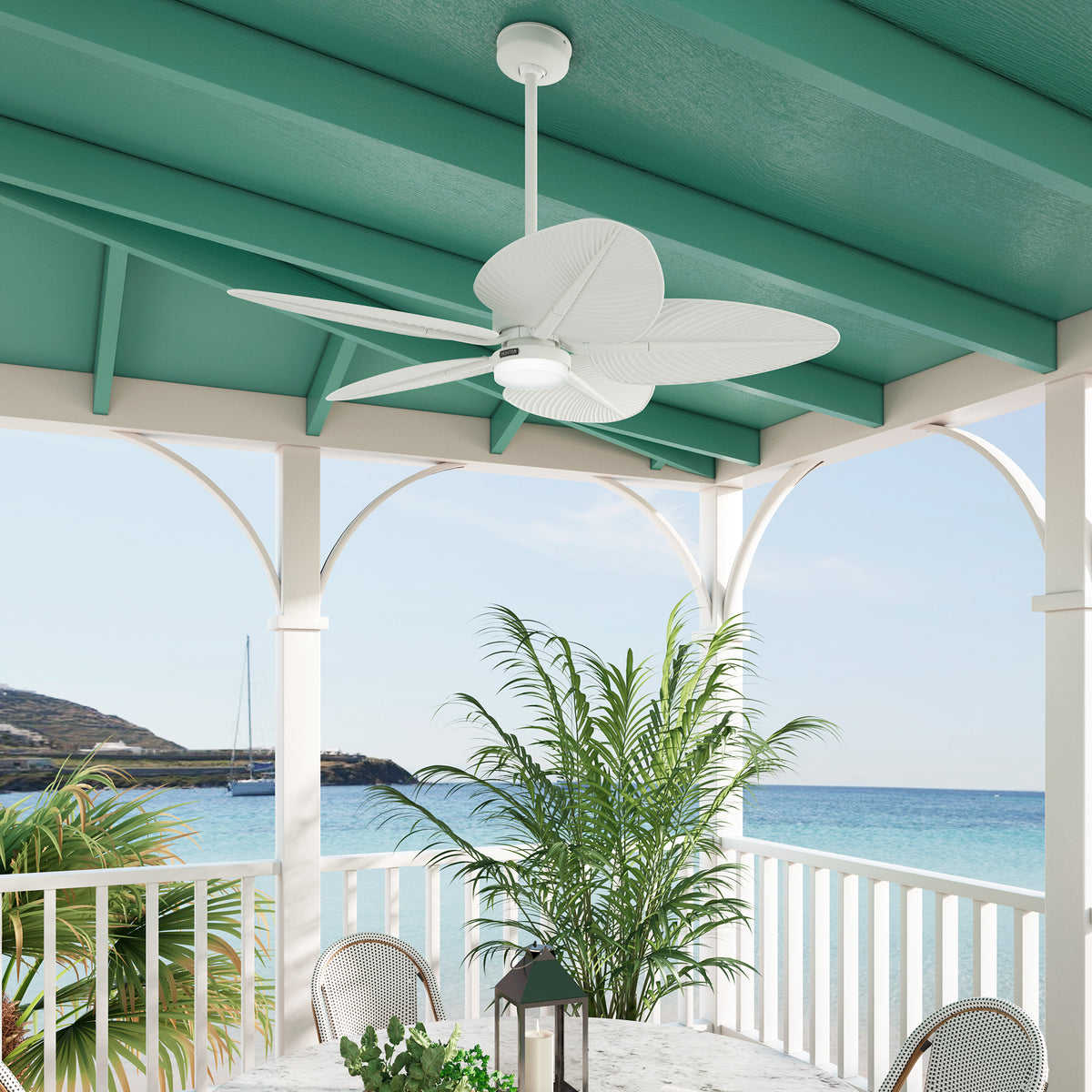 52 inch Tropic View Matte White Damp Rated Ceiling Fan with LED Light Kit and Wall Control