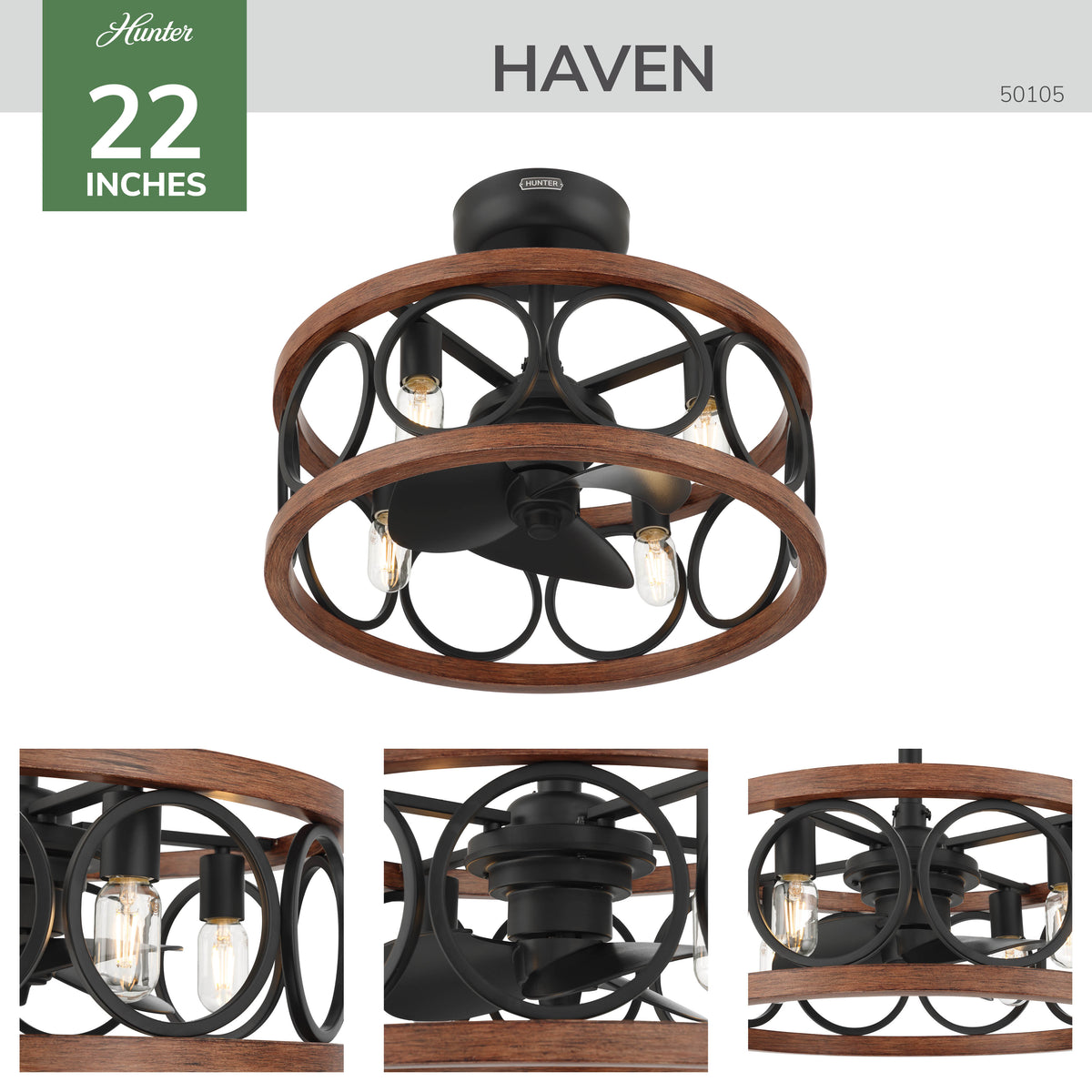22 inch Haven Fandelier Matte Black Ceiling Fan with Light Kit and Handheld Remote