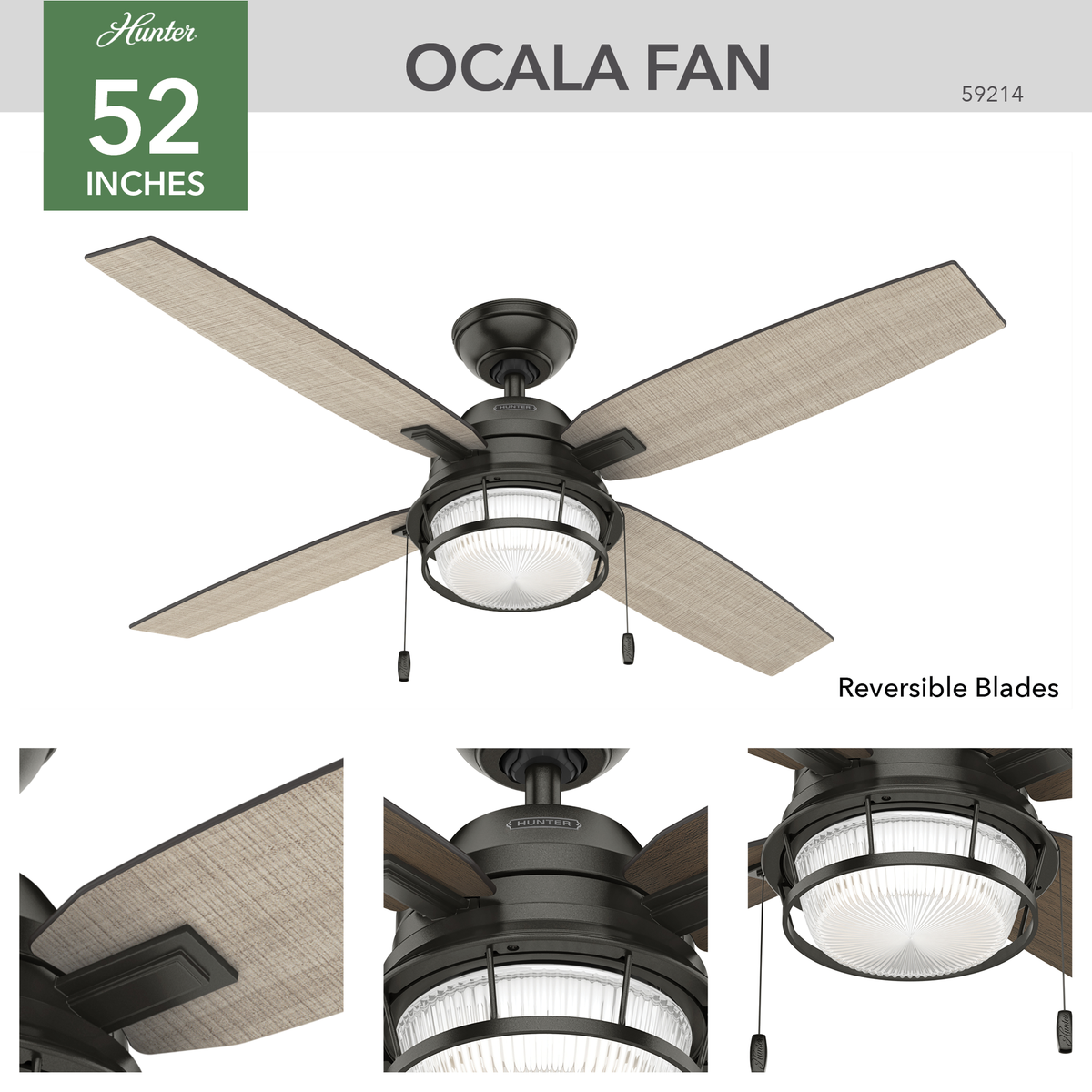 52 inch Ocala Noble Bronze Damp Rated Ceiling Fan with LED Light Kit and Pull Chain