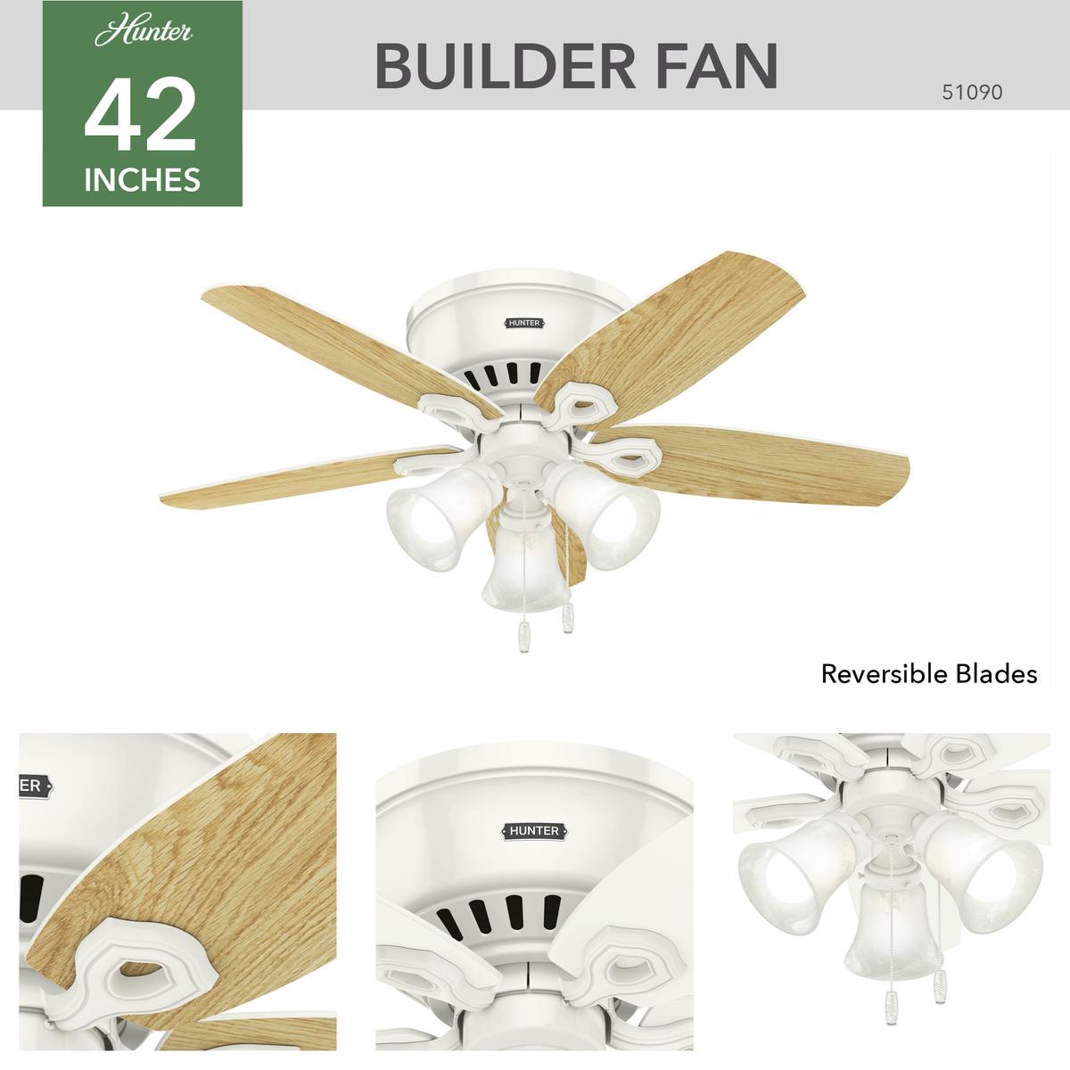 42 inch Builder Snow White Low Profile Ceiling Fan with LED Light Kit and Pull Chain