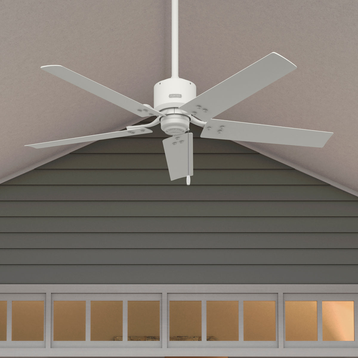 52 inch Windbound Matte White Damp Rated Ceiling Fan and Pull Chain