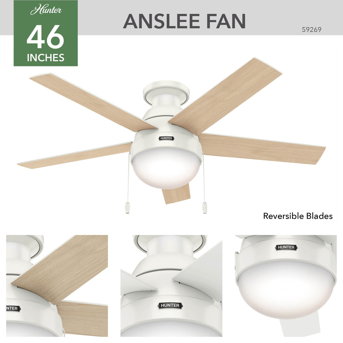 46 inch Anslee Fresh White Low Profile Ceiling Fan with LED Light Kit and Pull Chain